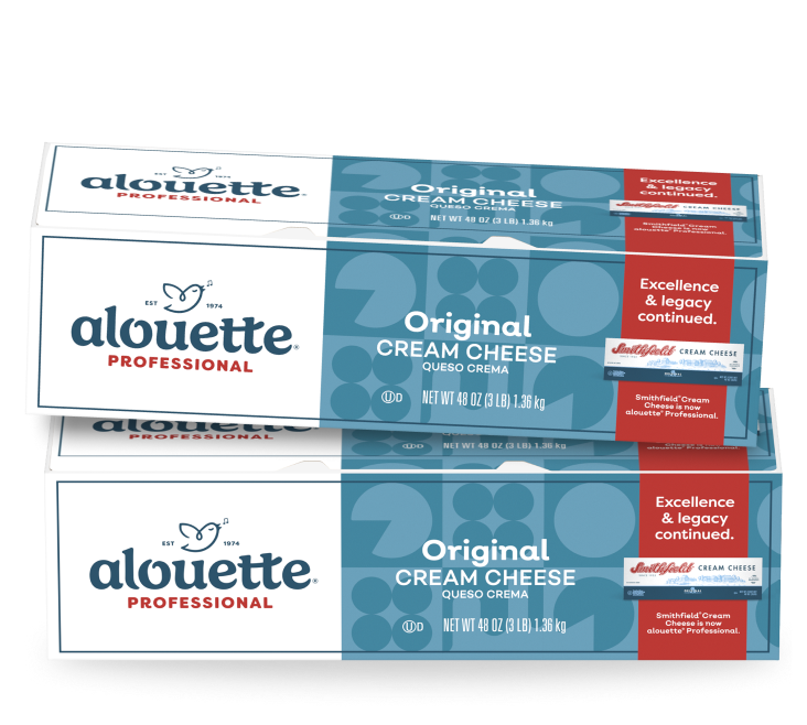Three stacked packages of Alouette Professional Original Cream Cheese, each labeled with product details and "Excellence & legacy continued" messaging.