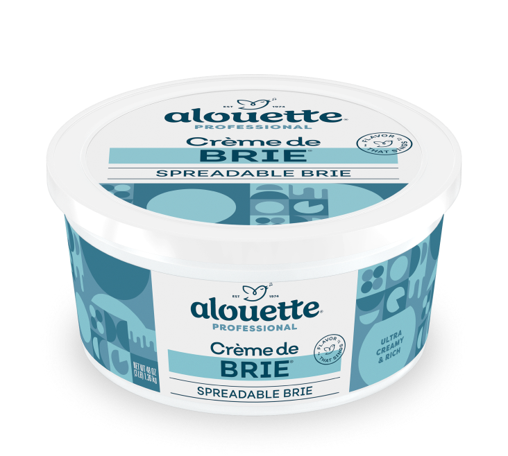 Alouette Professional Crème de Brie spreadable cheese in a white plastic tub with blue label and branding.