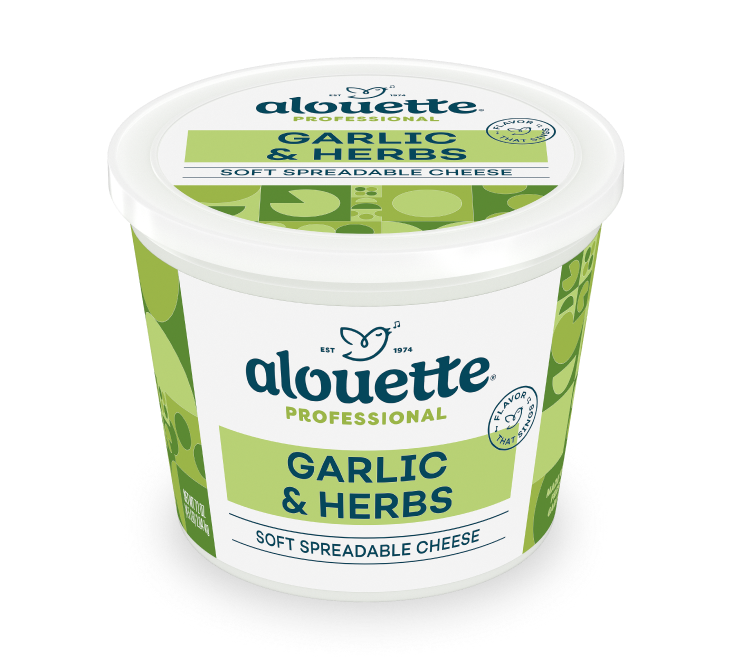 Alouette Professional garlic and herbs soft spreadable cheese container with white lid and green label.