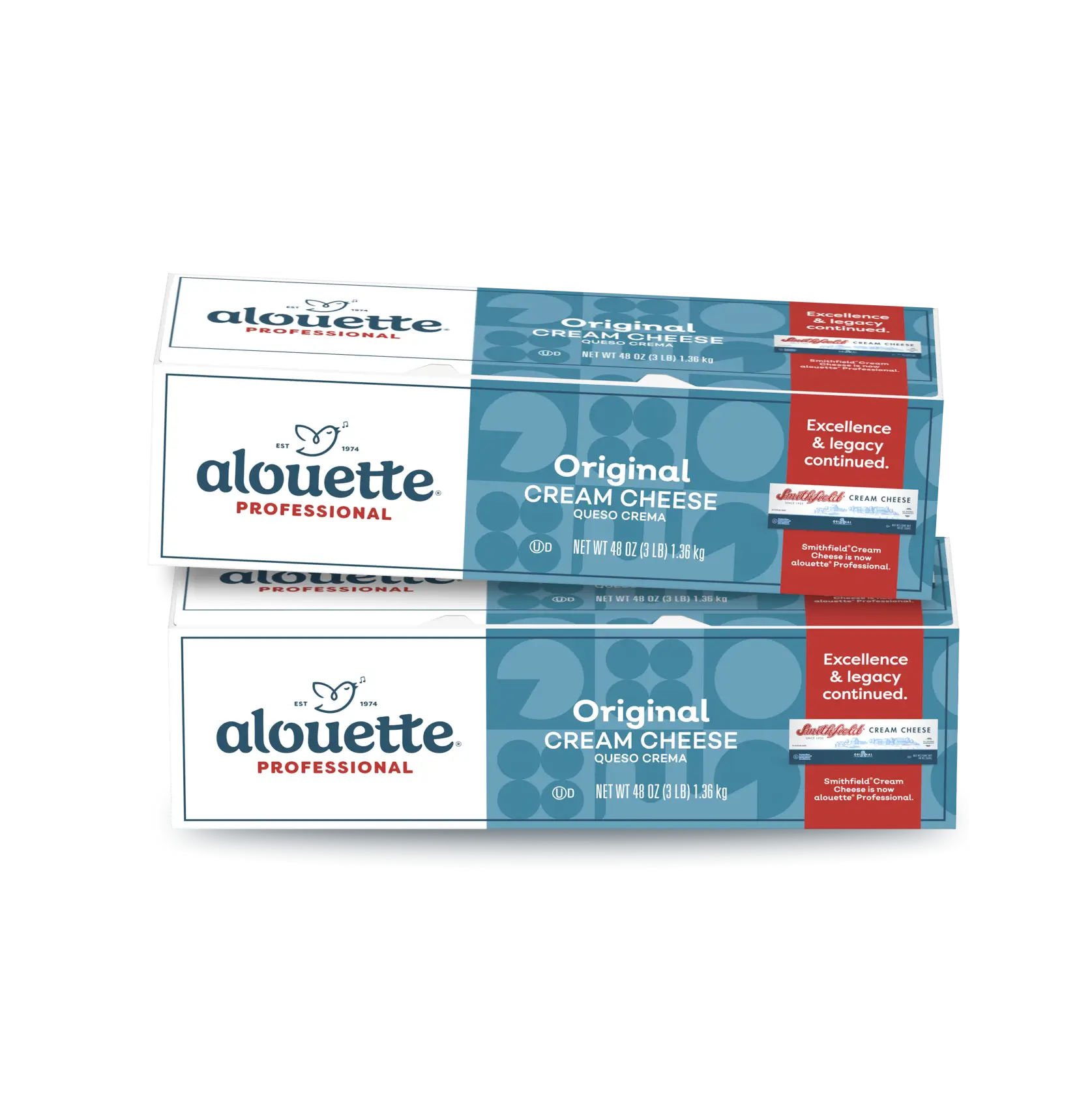Two boxes of alouette Professional Original Cream Cheese, 48 oz each, with blue and white packaging and red accent panels indicating "Excellence & legacy continued."