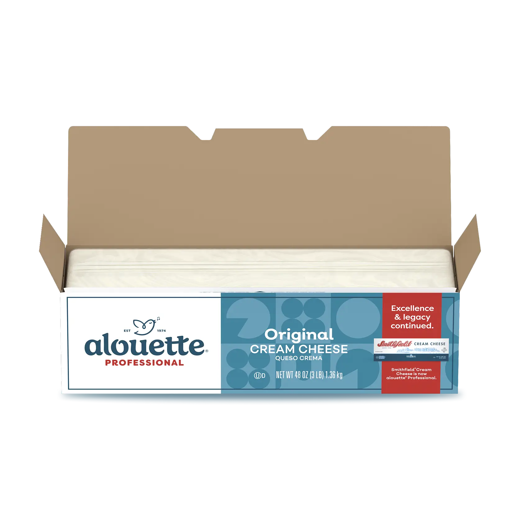 Open cardboard box containing Alouette Professional Original Cream Cheese package, 48 oz, with product branding and "Excellence & legacy continued" messaging visible.