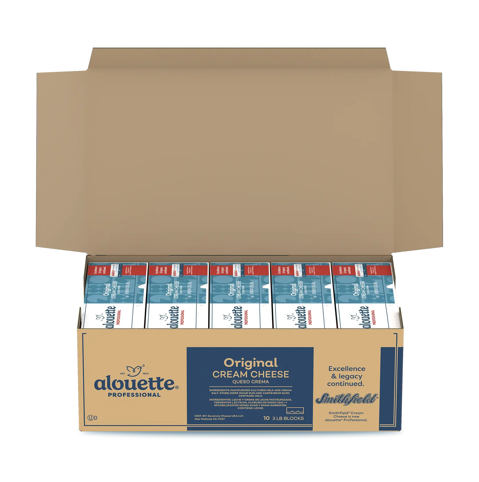Open cardboard box containing ten 3 LB blocks of alouette Professional Original Cream Cheese with product packaging visible inside.