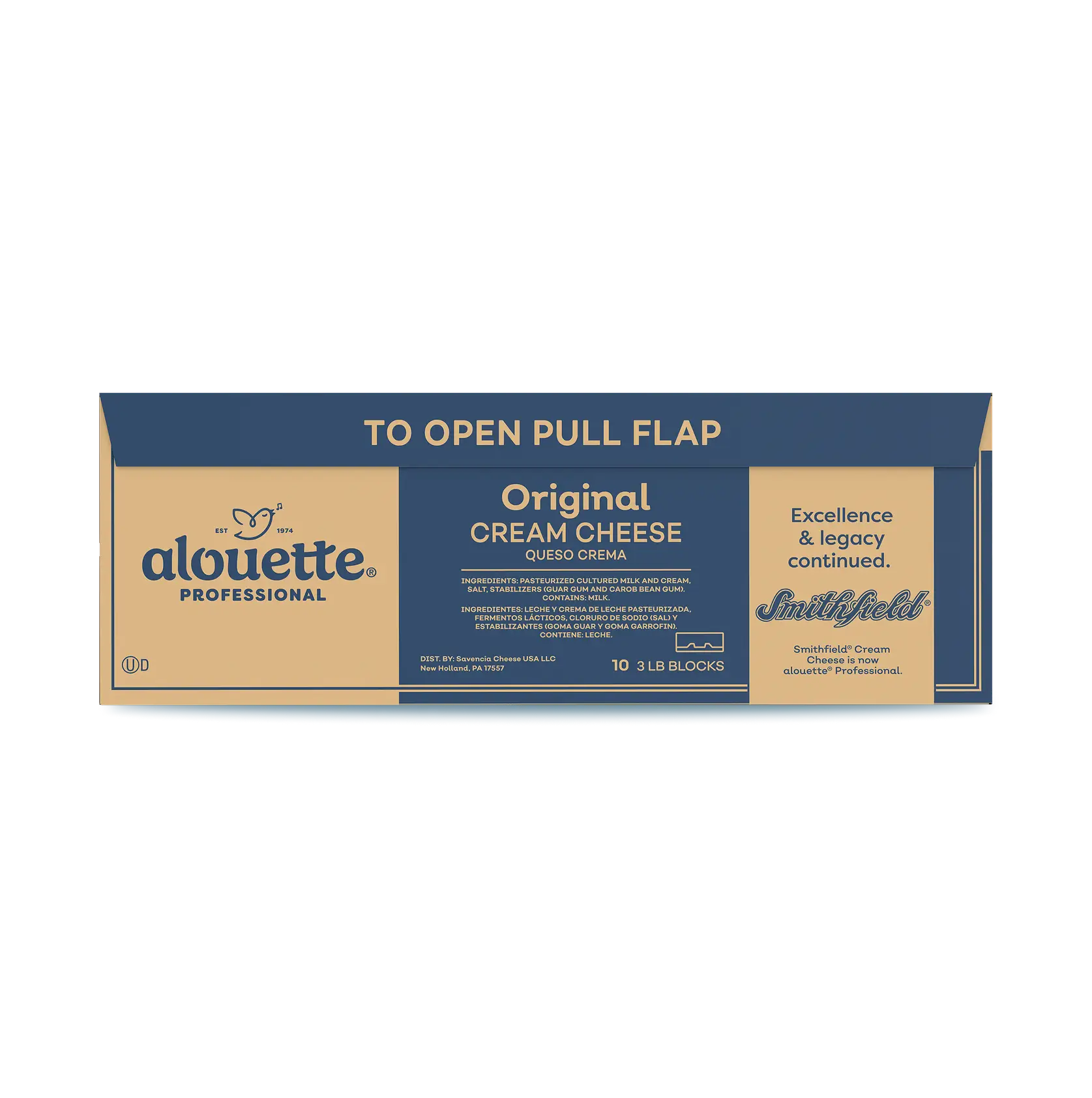 Alouette Professional Original Cream Cheese product packaging showing 10 3-LB blocks with pull flap opening instructions and Smithfield branding.