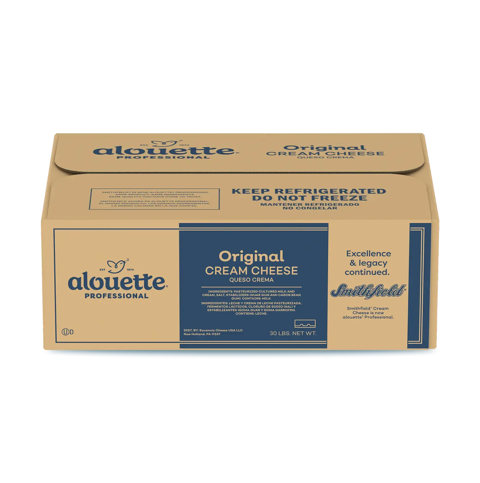 Alouette Professional Original Cream Cheese 30 lb box with tan and navy packaging, featuring Smithfield branding and storage instructions.