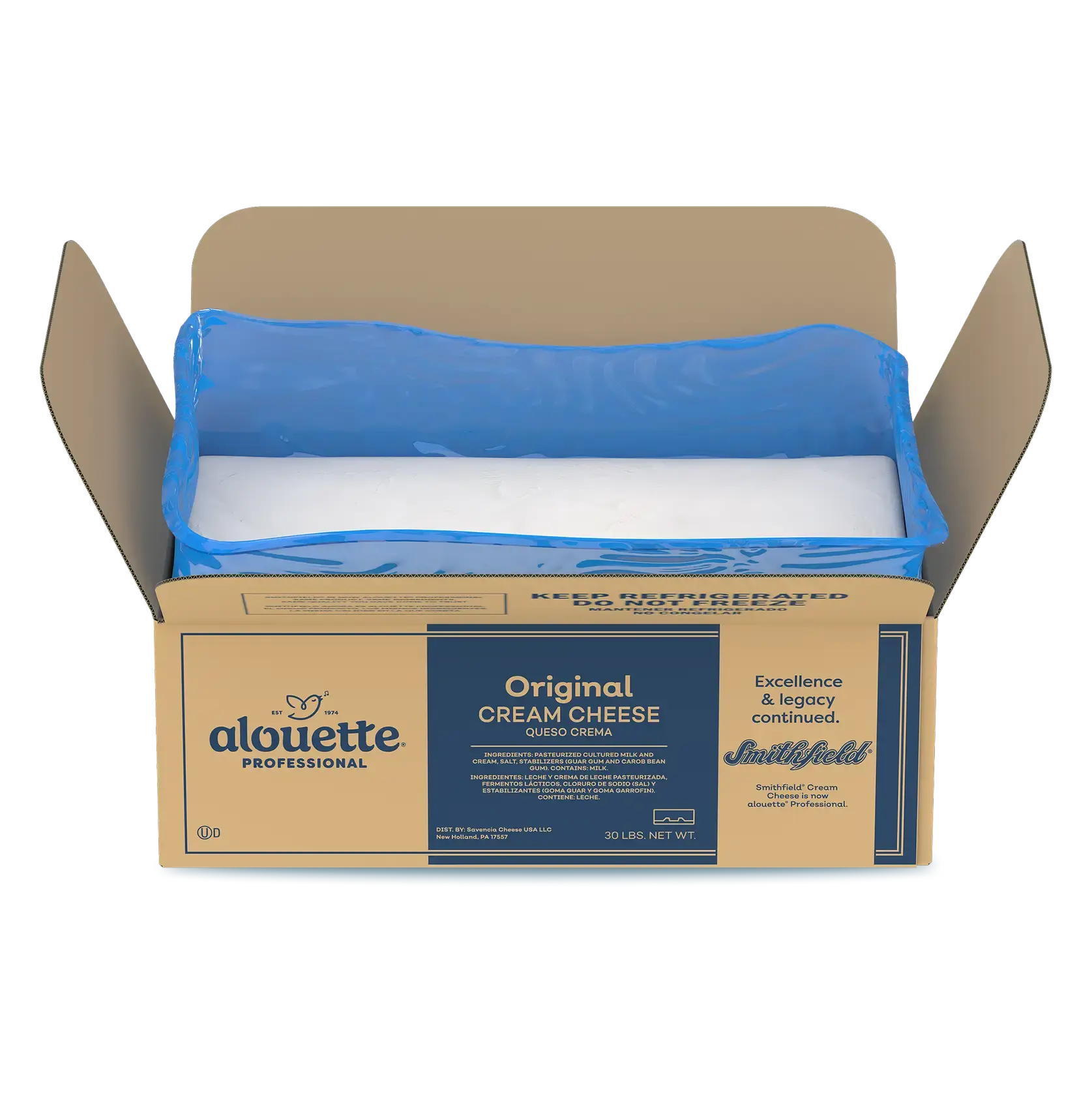 Open cardboard box of Alouette Professional Original Cream Cheese (30 lbs) with blue-lined interior packaging visible.