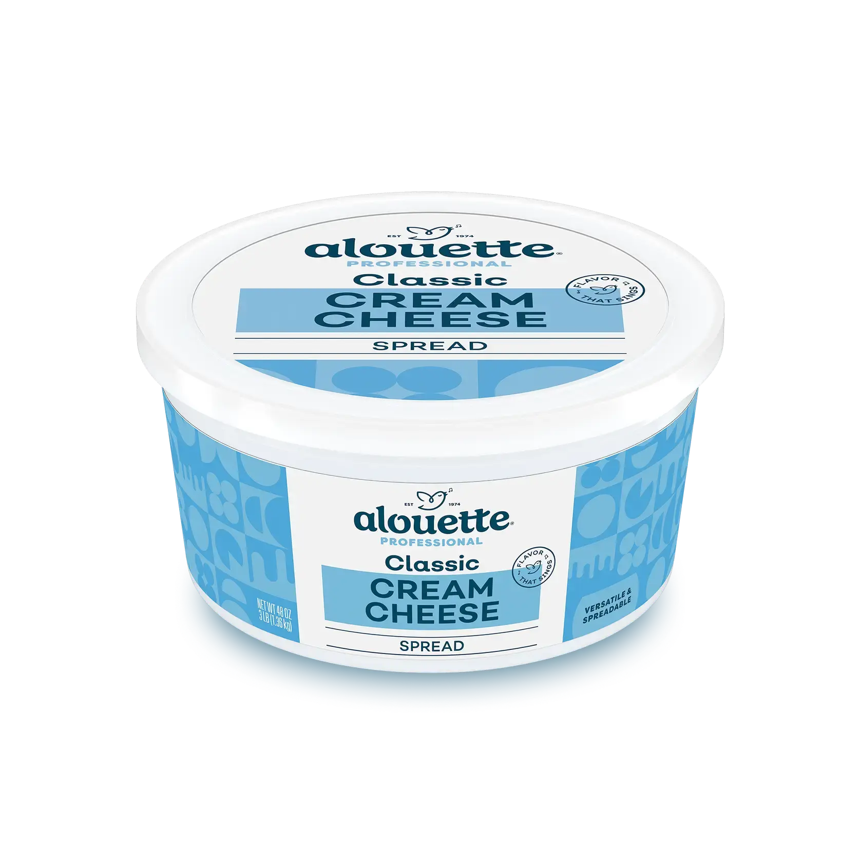 Alouette Professional Classic Cream Cheese Spread in a white plastic container with blue label design.