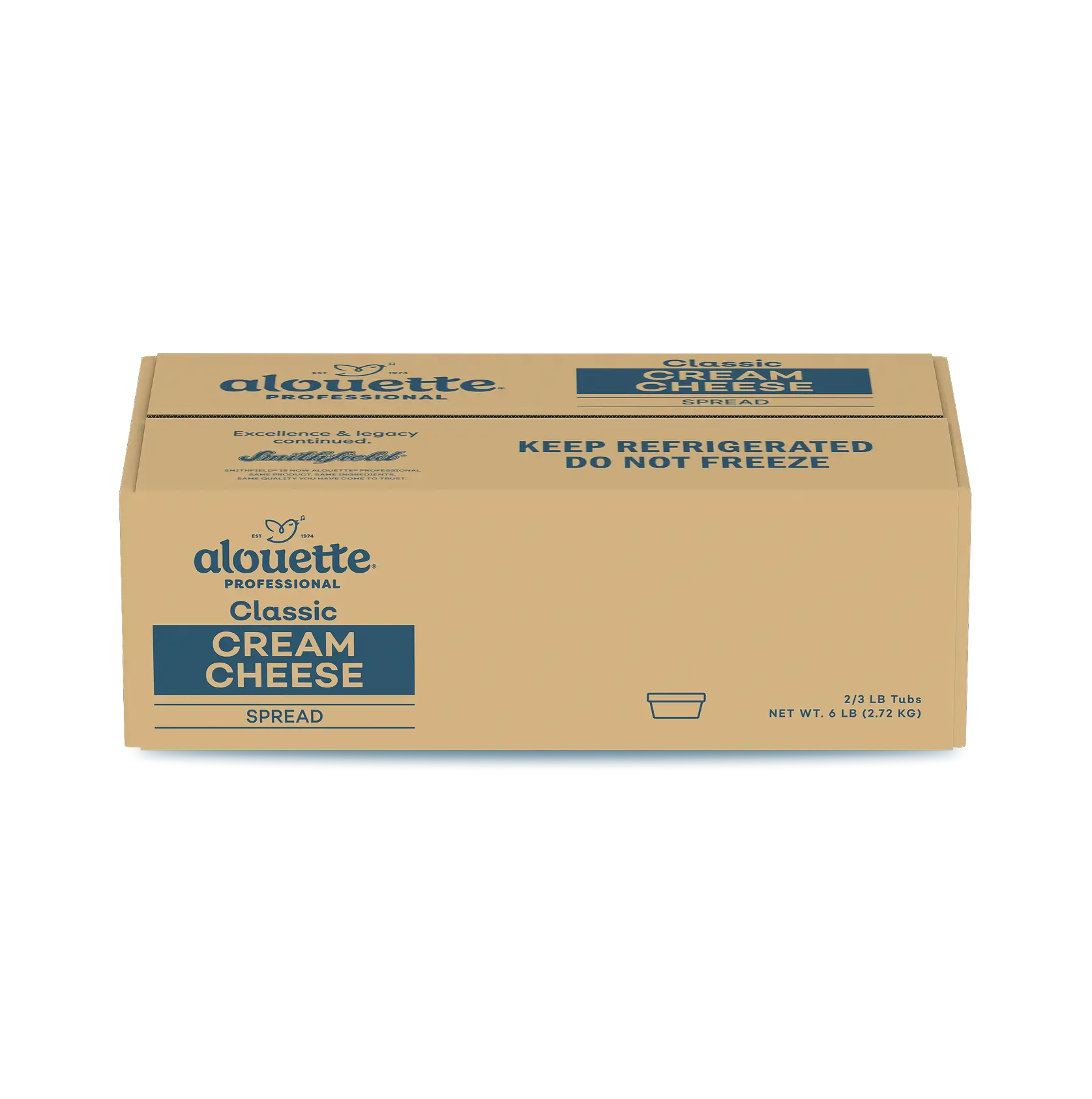 Alouette Professional Classic Cream Cheese Spread box, 2/3 LB tubs, 6 LB total net weight, with "Keep Refrigerated Do Not Freeze" label.