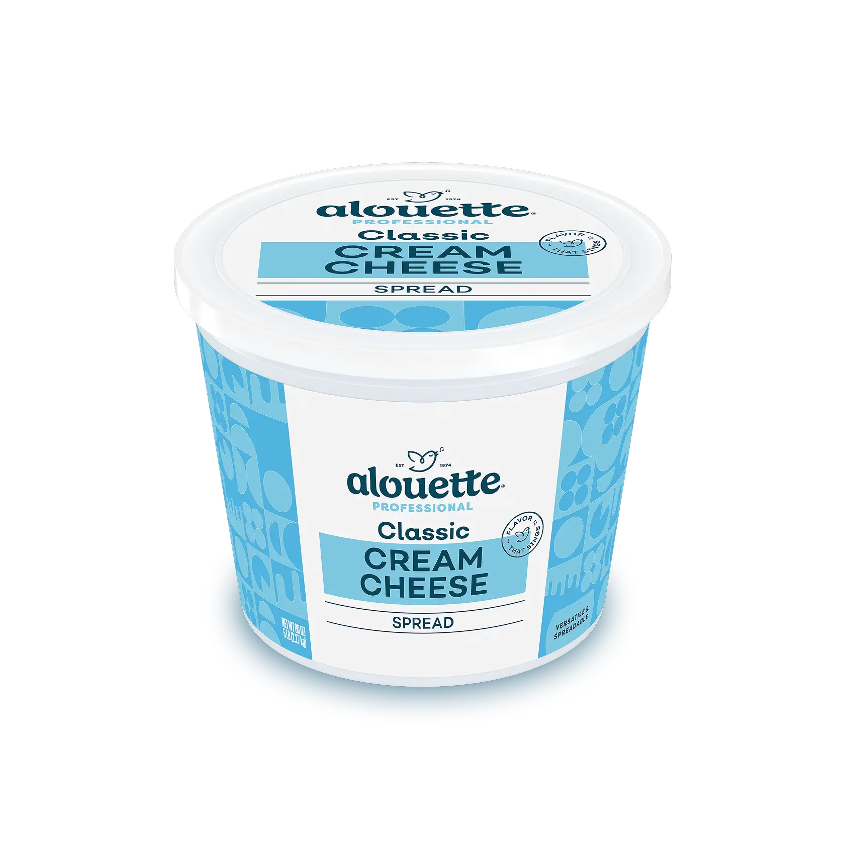 Alouette Professional Classic Cream Cheese Spread in a white plastic container with blue label and decorative pattern.