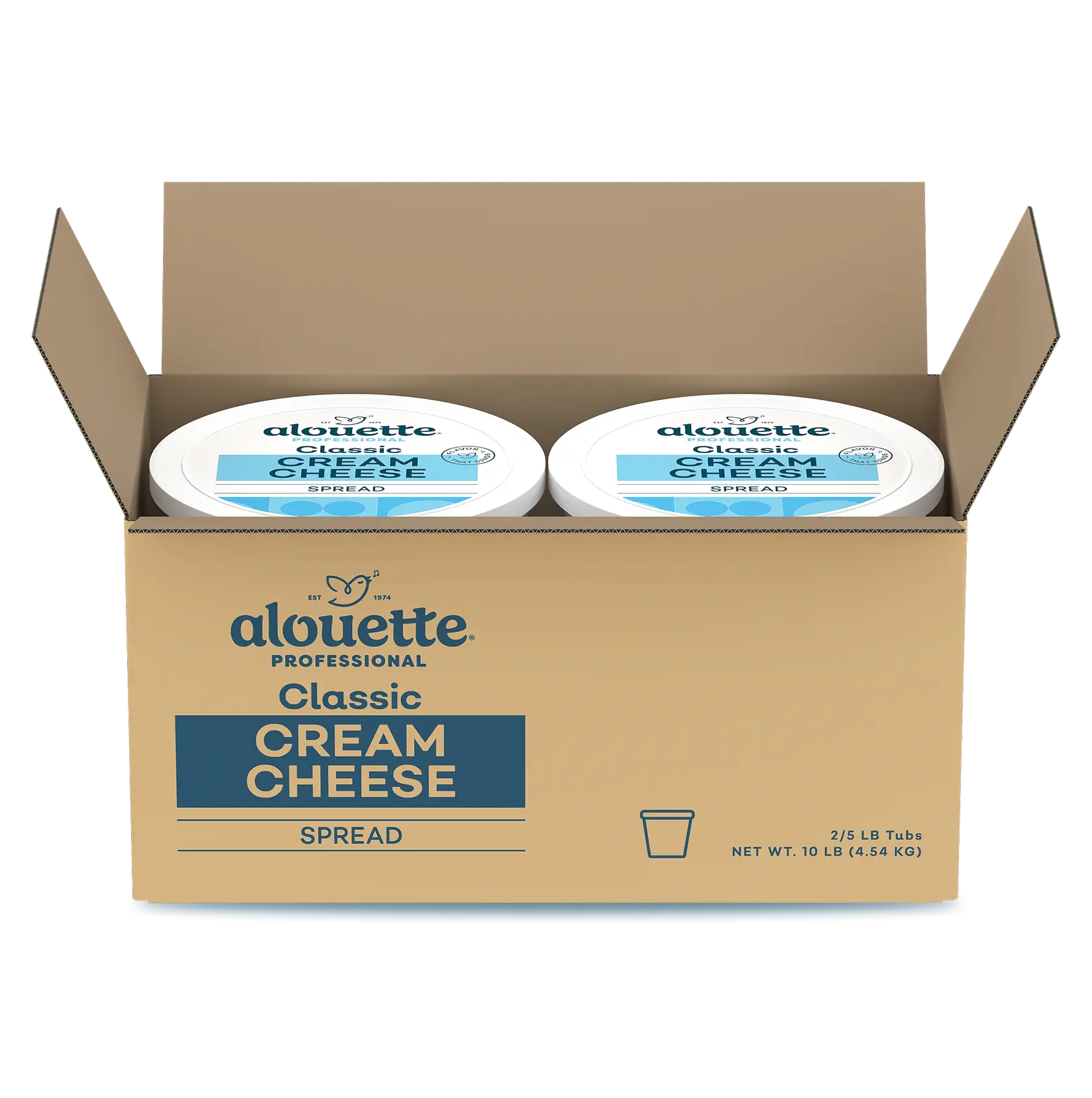 Alouette Professional Classic Cream Cheese Spread in open cardboard box containing two 5 LB tubs, net weight 10 LB.