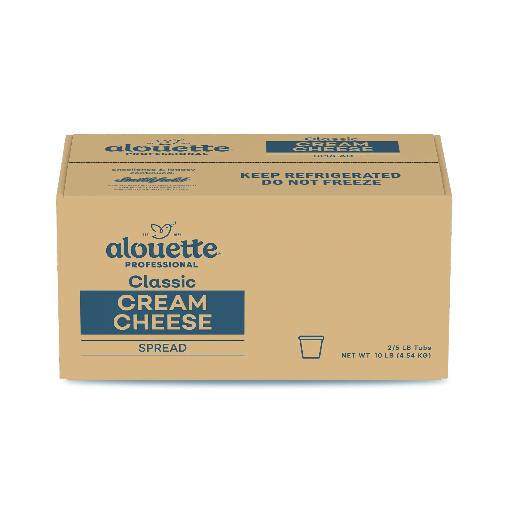 Alouette Professional Classic Cream Cheese Spread box, 10 lb net weight in 2/5 lb tubs, beige packaging with blue text and logo.