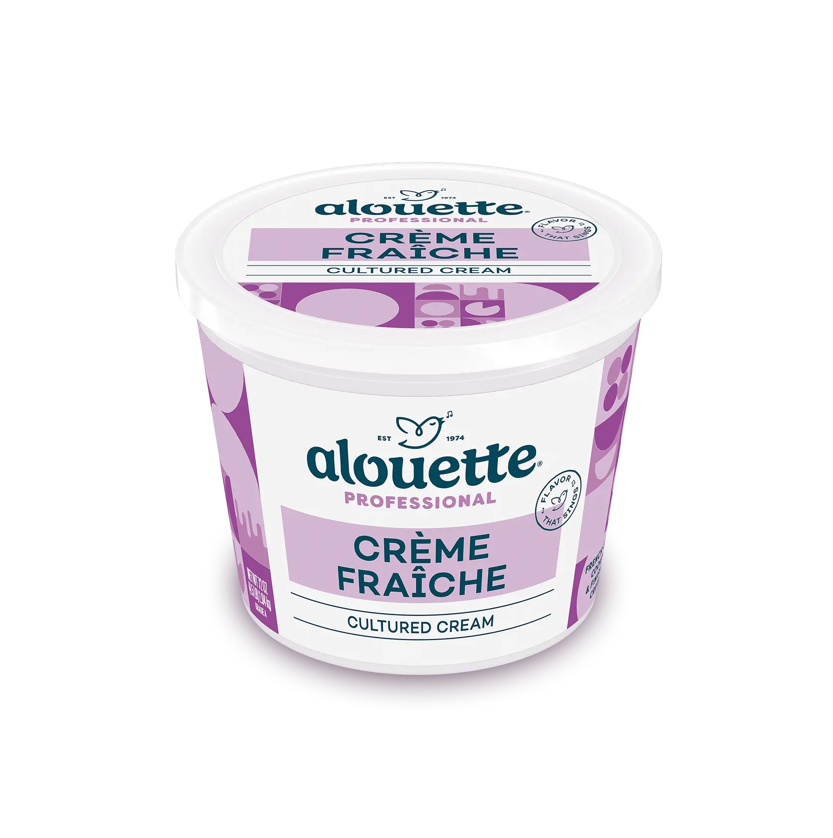 Alouette Professional Crème Fraîche cultured cream container with white lid and purple label design.