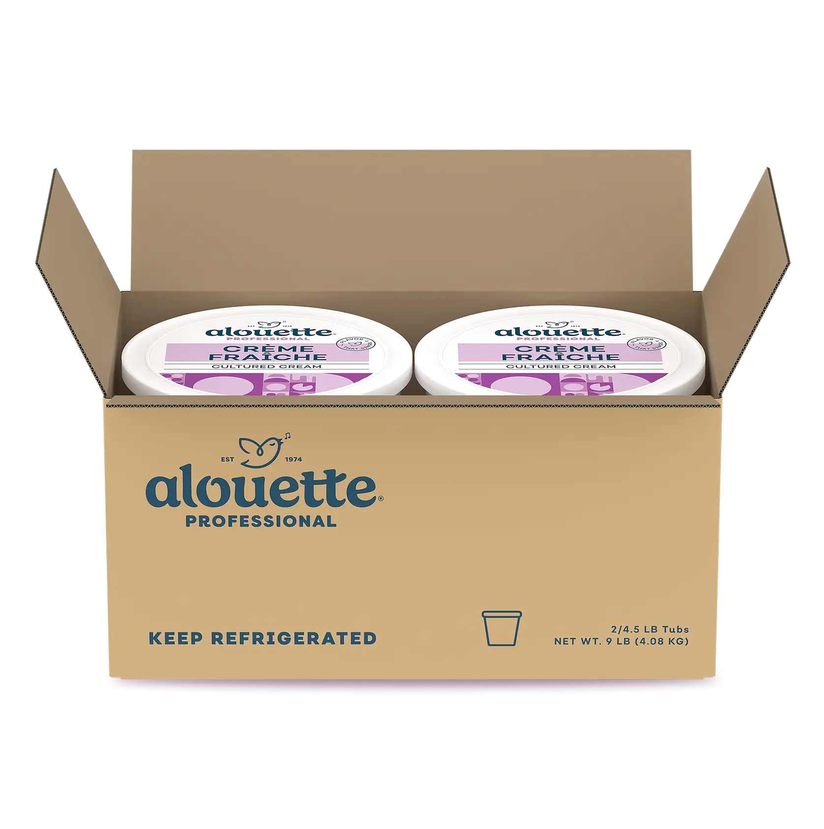 Open cardboard box containing two white tubs of Alouette Professional Creme Fraiche cultured cream, labeled "Keep Refrigerated," 9 LB total net weight.