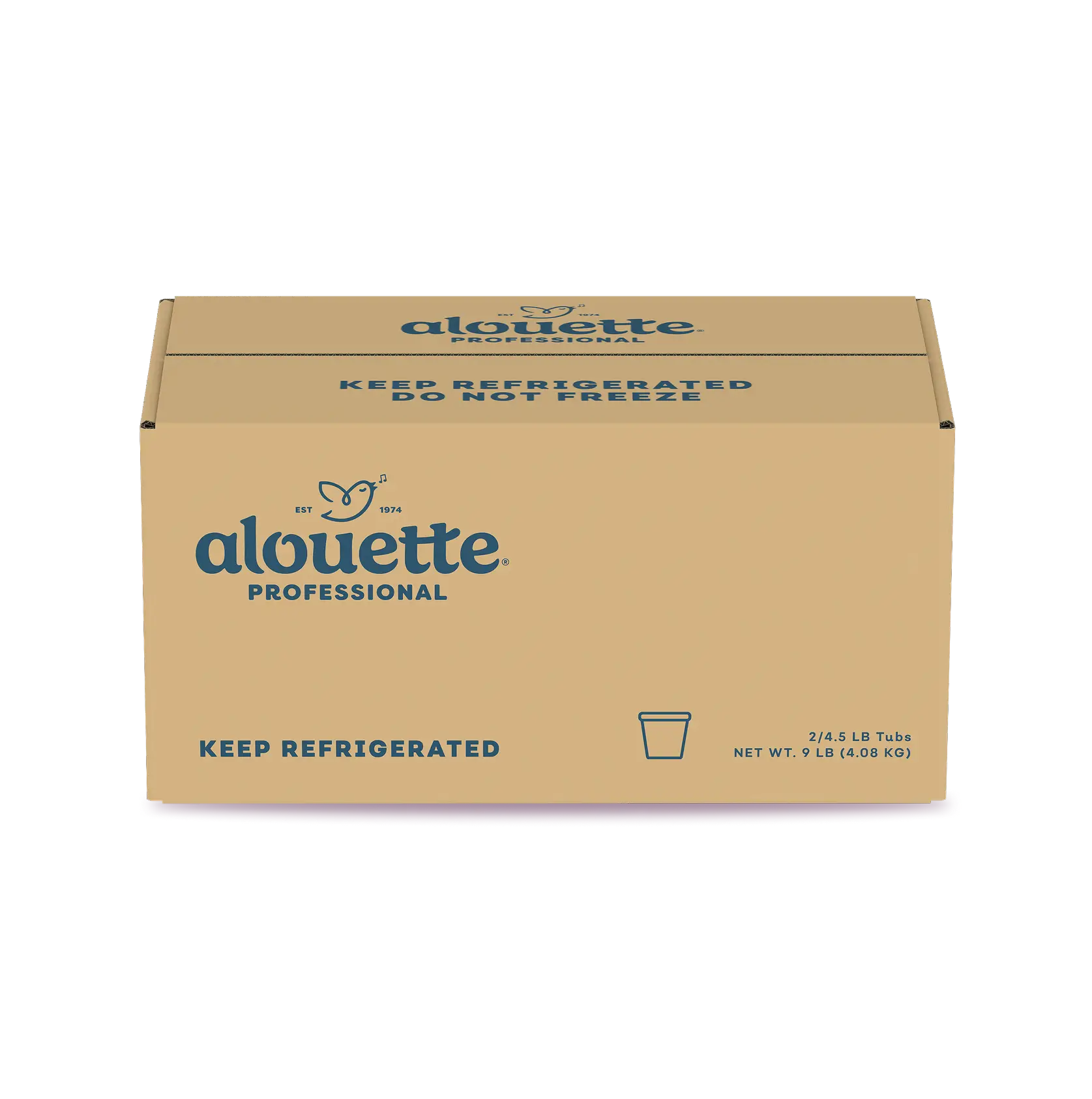 Alouette Professional butter box, tan cardboard carton labeled "Keep Refrigerated," containing 2/4.5 LB tubs, net weight 9 LB.