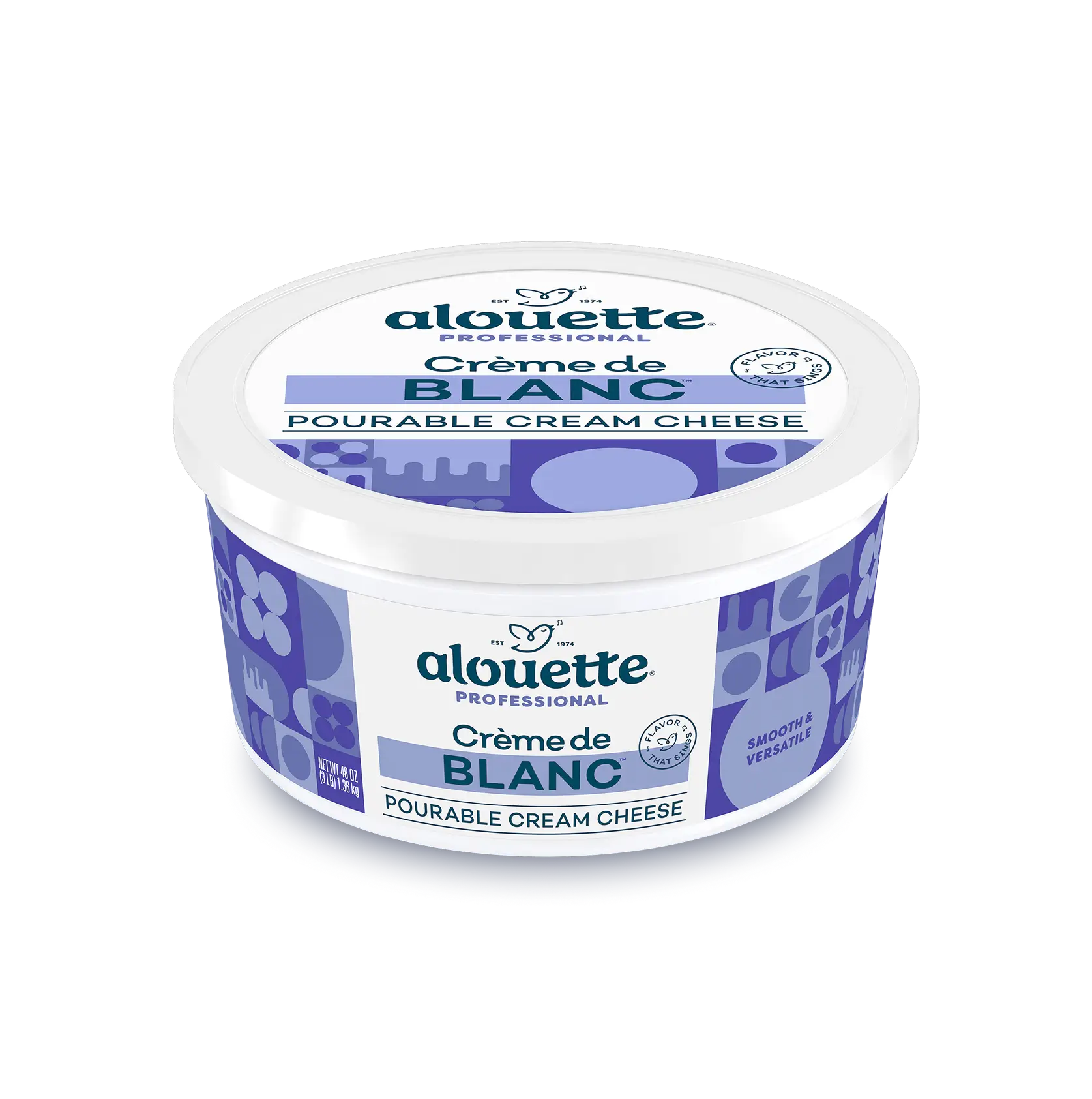 Alouette Professional Crème de Blanc pourable cream cheese container with white lid and blue label, 16 oz.