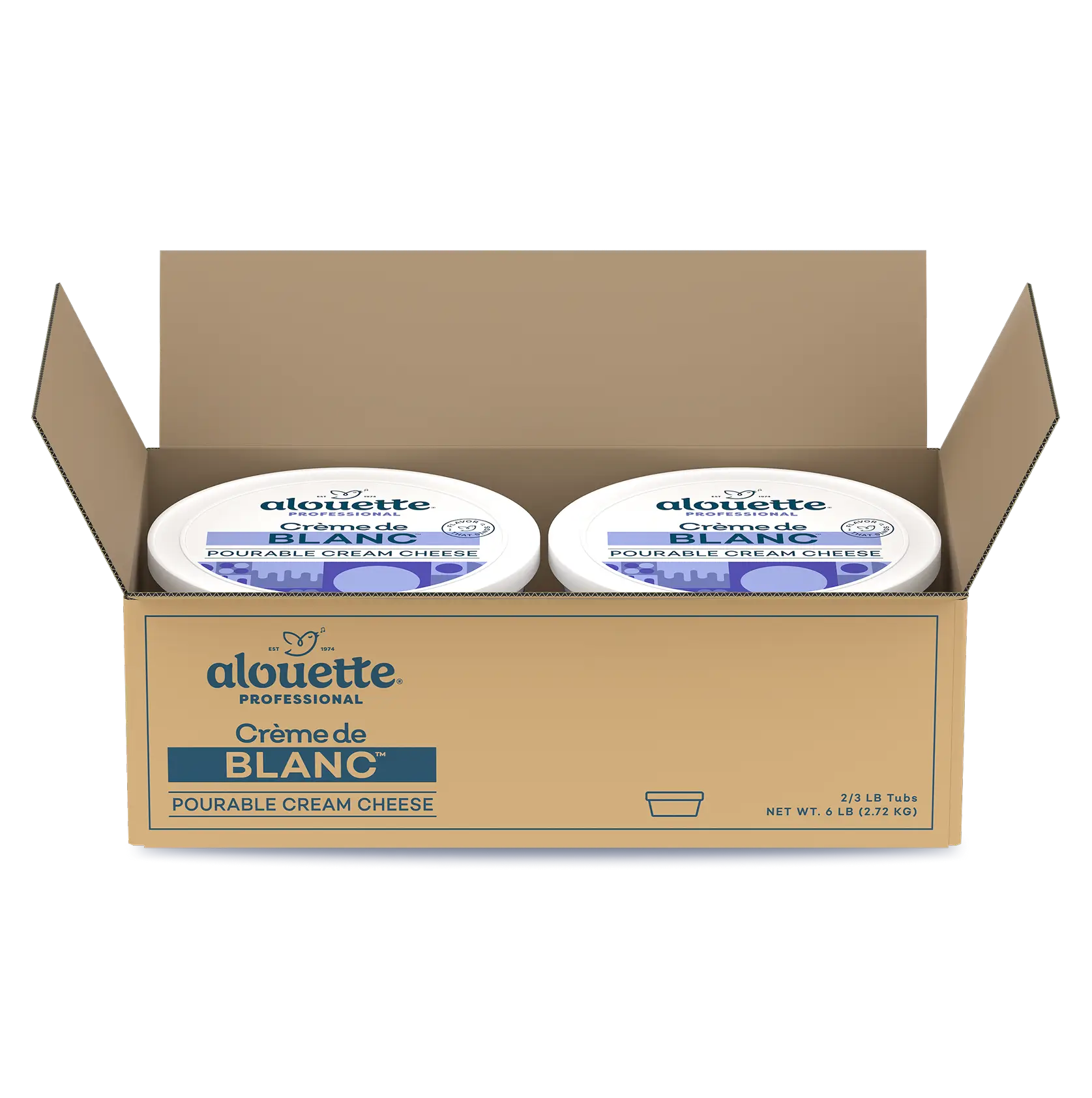 Open cardboard box containing two white tubs of Alouette Professional Crème de Blanc pourable cream cheese, 6 lb total net weight.
