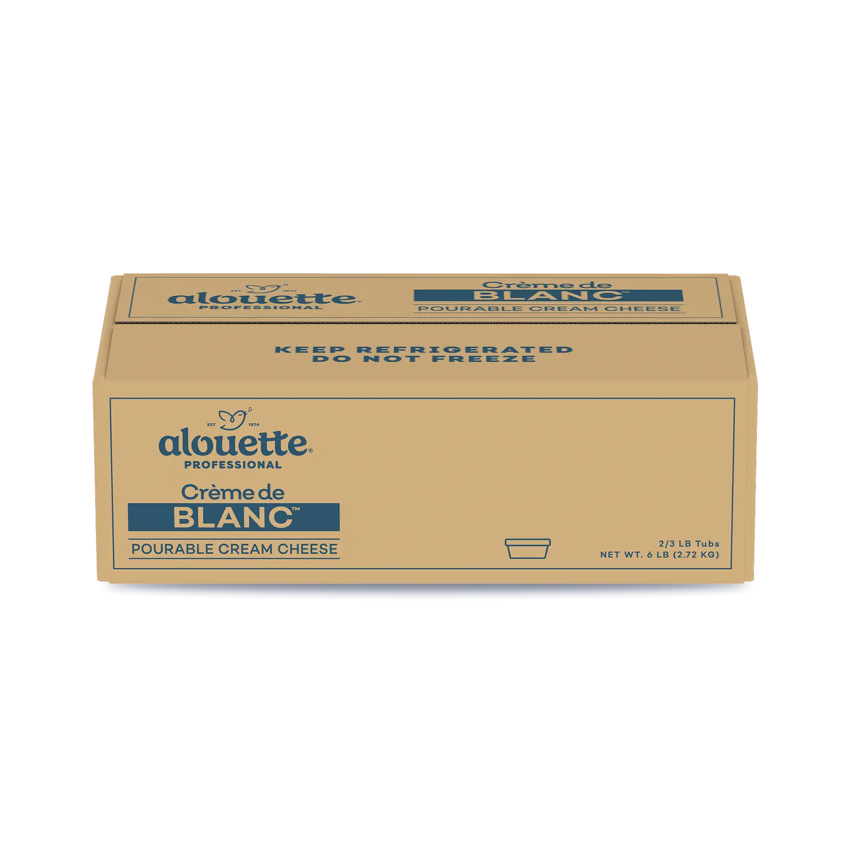 Alouette Professional Crème de Blanc pourable cream cheese box, 2/3 LB tubs, net weight 6 LB, keep refrigerated and do not freeze.