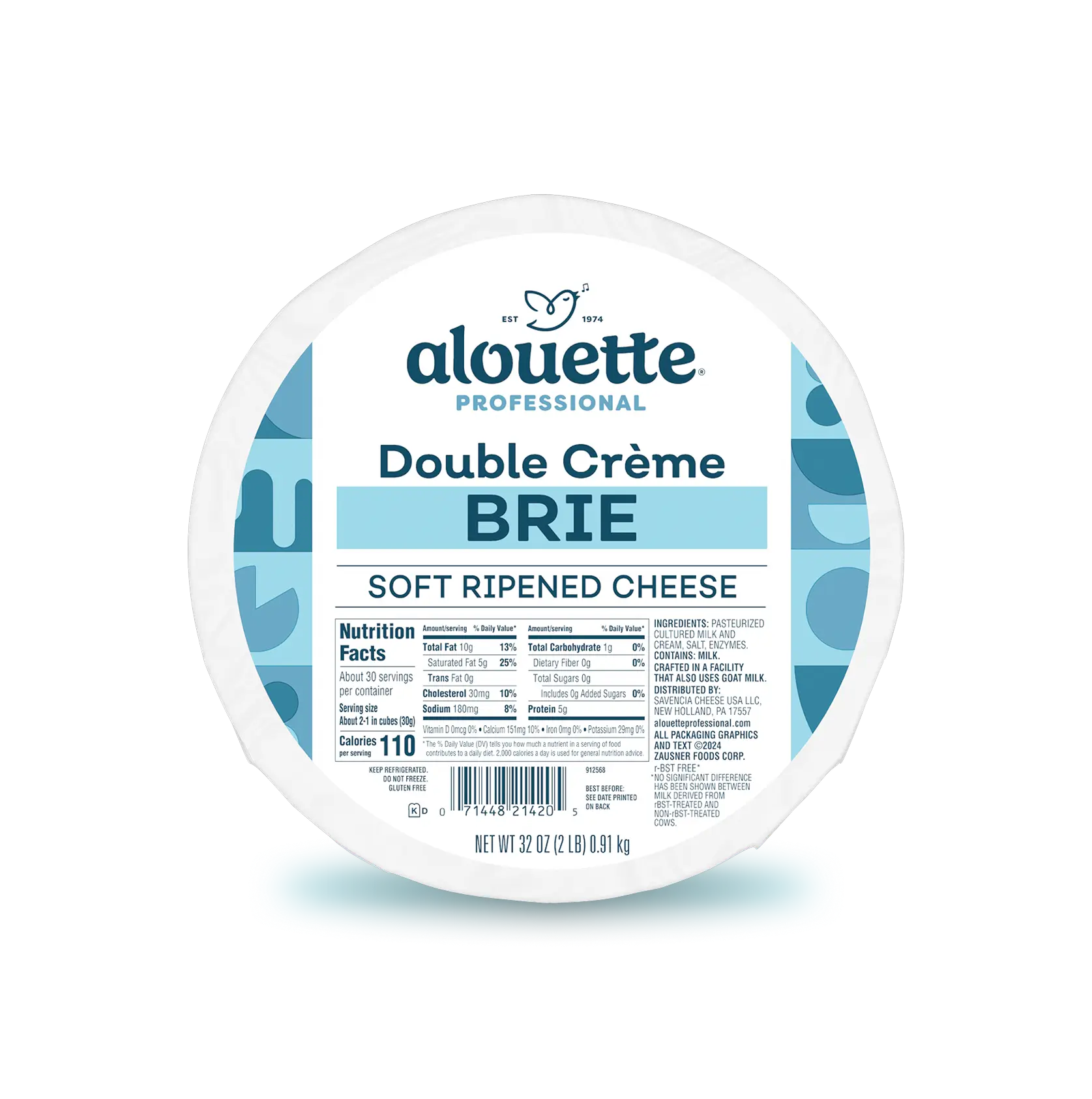 Alouette Professional Double Crème Brie cheese wheel package, 32 oz, with nutrition facts and product details on white label.
