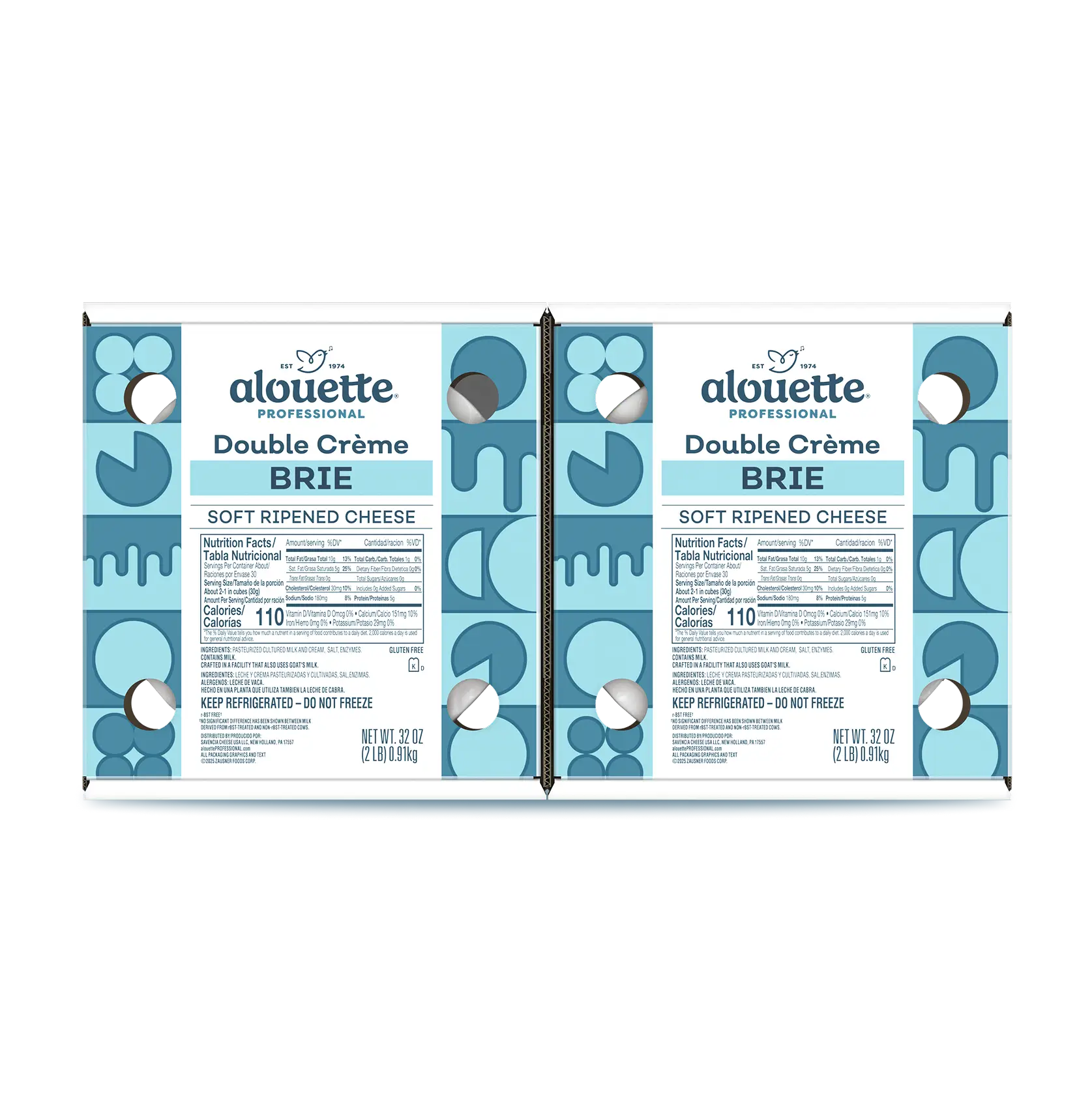 Two packages of Alouette Professional Double Crème Brie soft ripened cheese, 32 oz each, with blue geometric design and nutrition facts label.