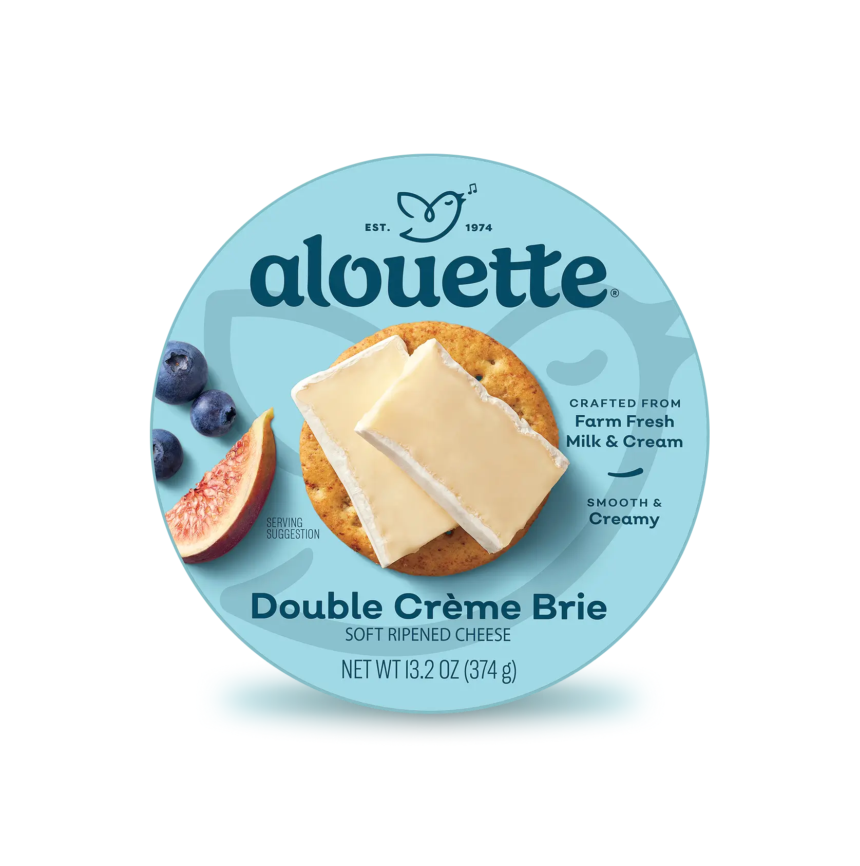 Alouette Double Crème Brie cheese package with soft cheese on crackers, figs, and blueberries on light blue circular label.