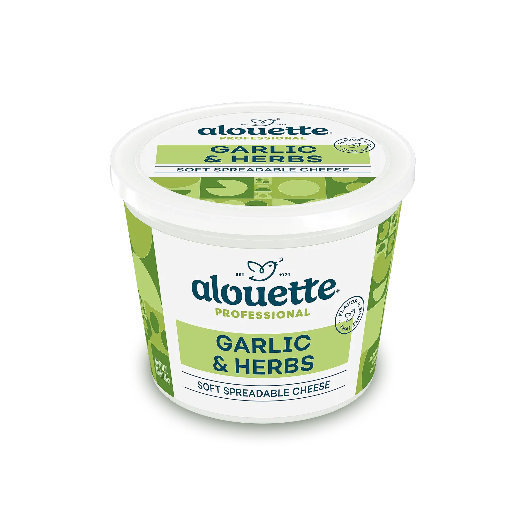 Alouette Professional Garlic & Herbs soft spreadable cheese container with white lid and green label design.