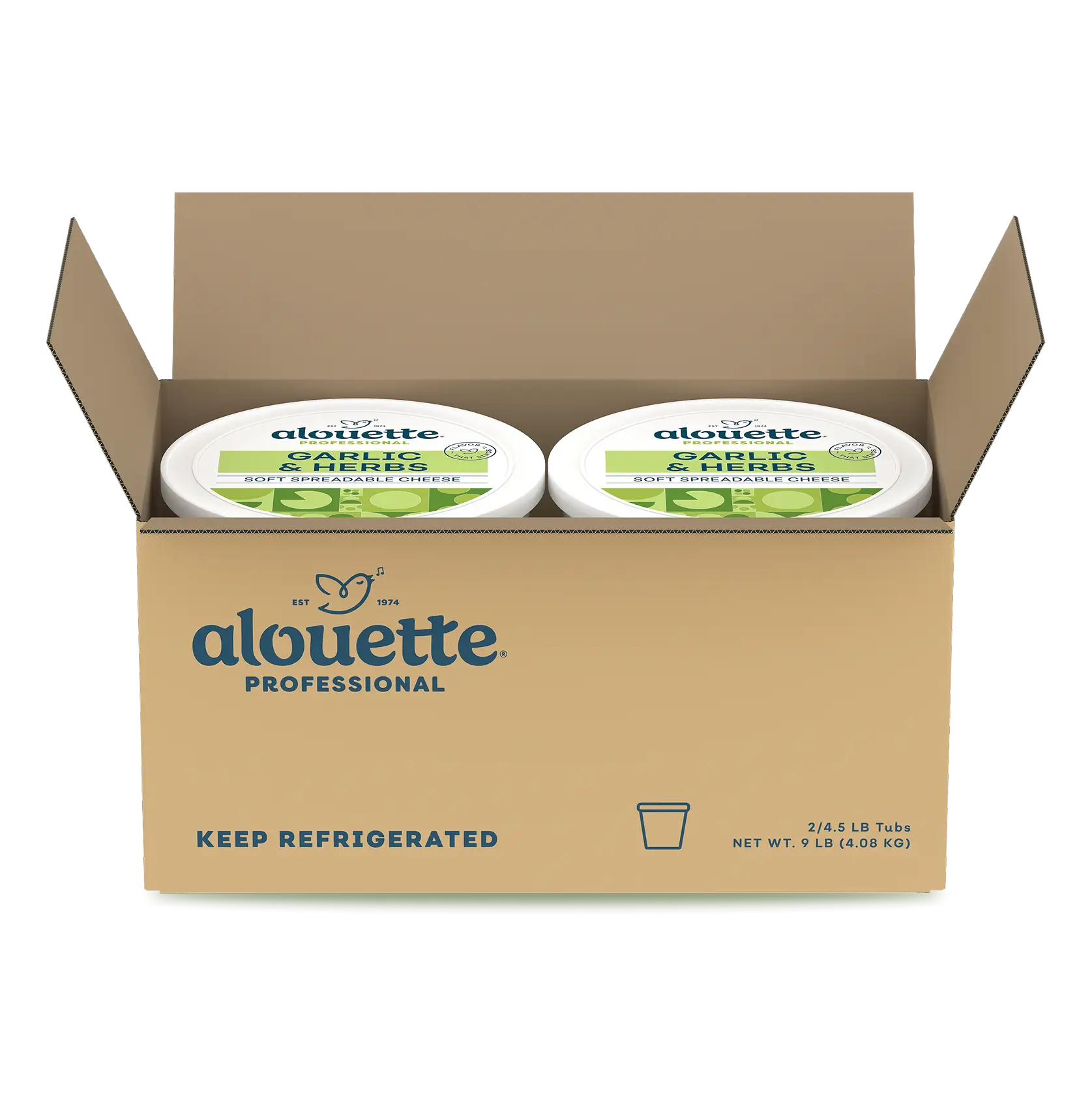 Alouette Professional garlic and herbs soft spreadable cheese in open cardboard box containing two 4.5 lb tubs, labeled "Keep Refrigerated."