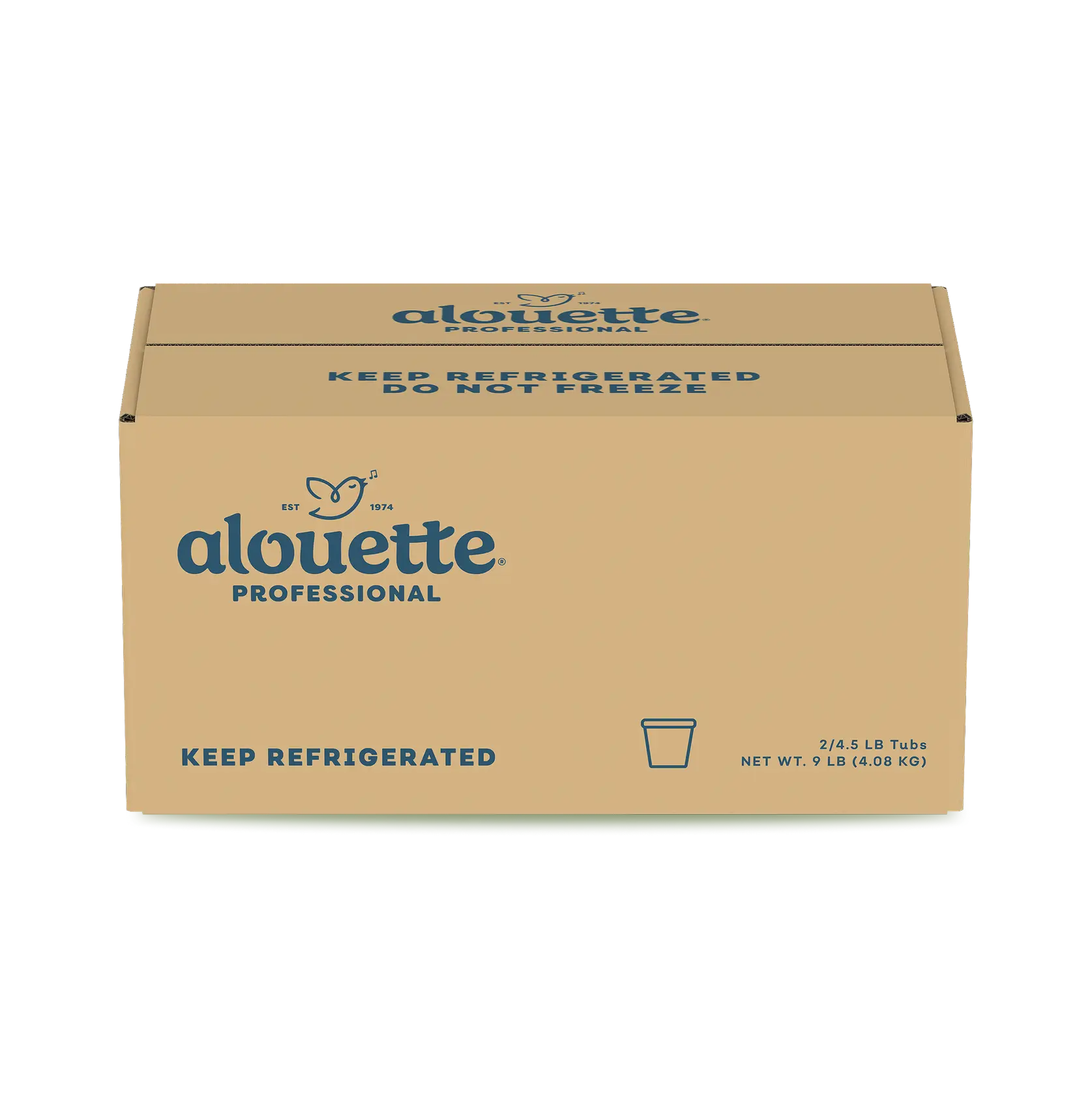 Alouette Professional butter packaging box, tan cardboard with blue text, 2/4.5 LB tubs, 9 LB total net weight, refrigeration required.