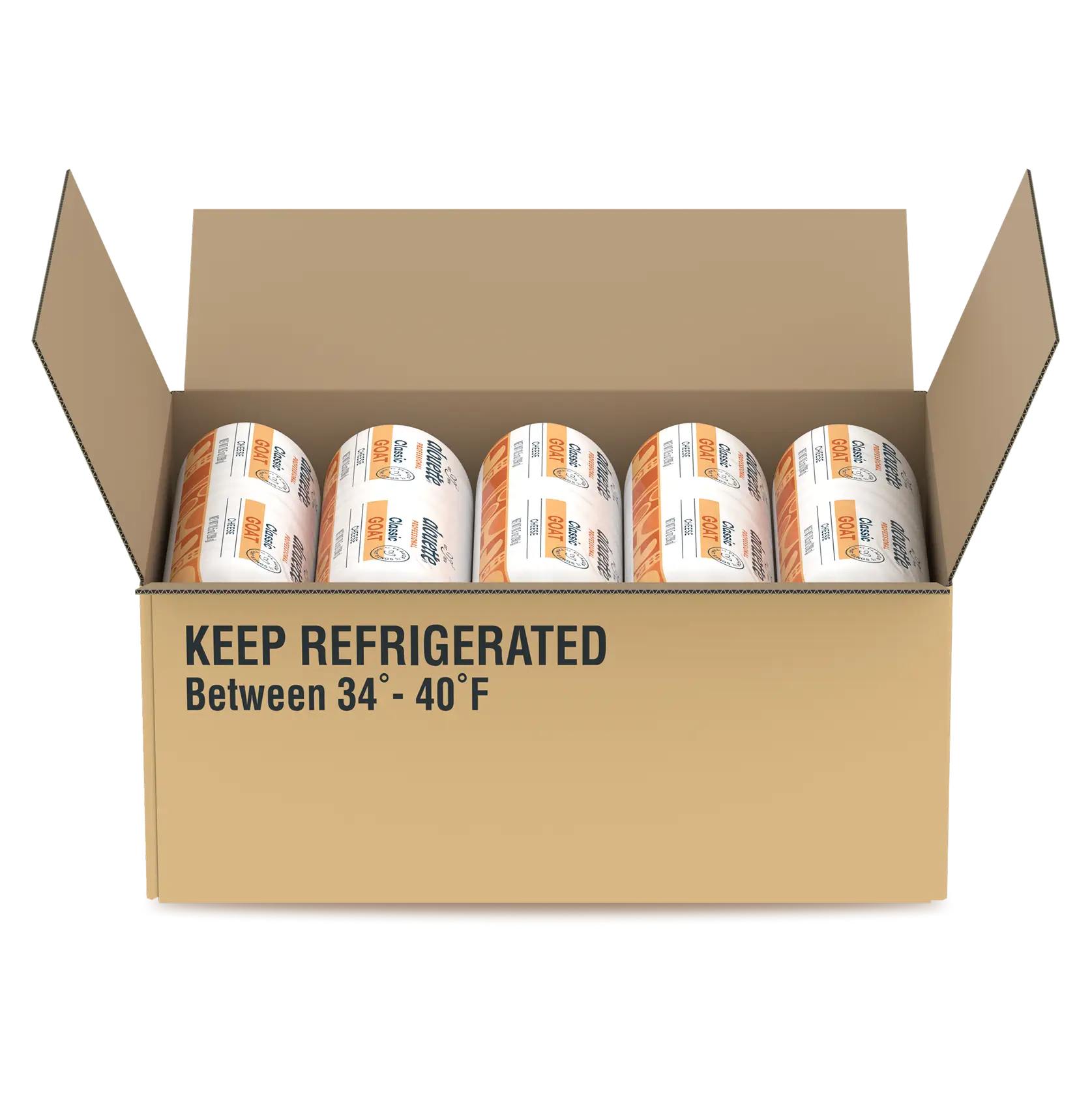 Open cardboard box containing five cylindrical cans with orange and white labels, marked "KEEP REFRIGERATED Between 34°-40°F"
