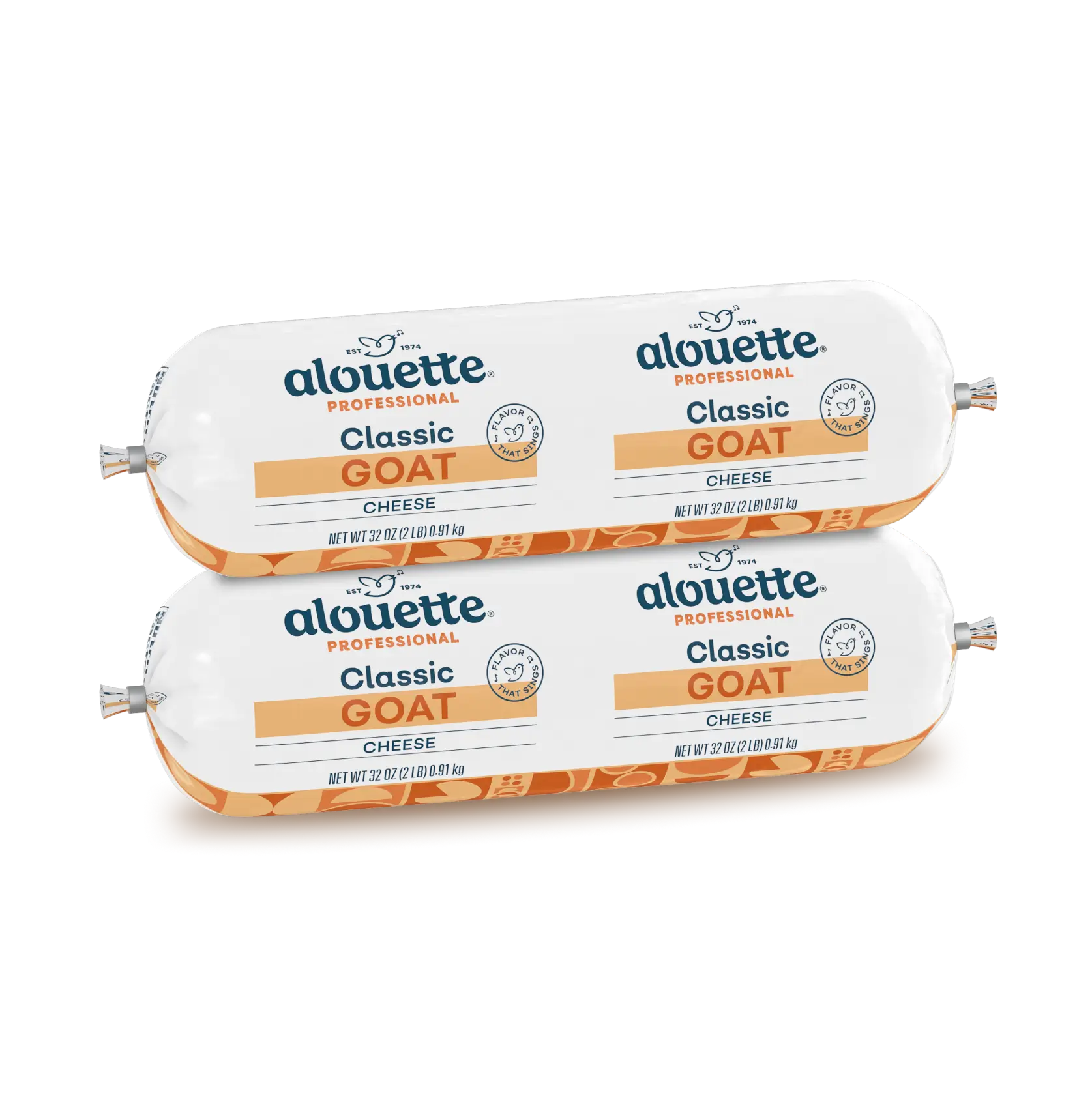Four rolls of Alouette Professional Classic Goat Cheese, each 32 oz, stacked in two pairs with white and orange packaging.