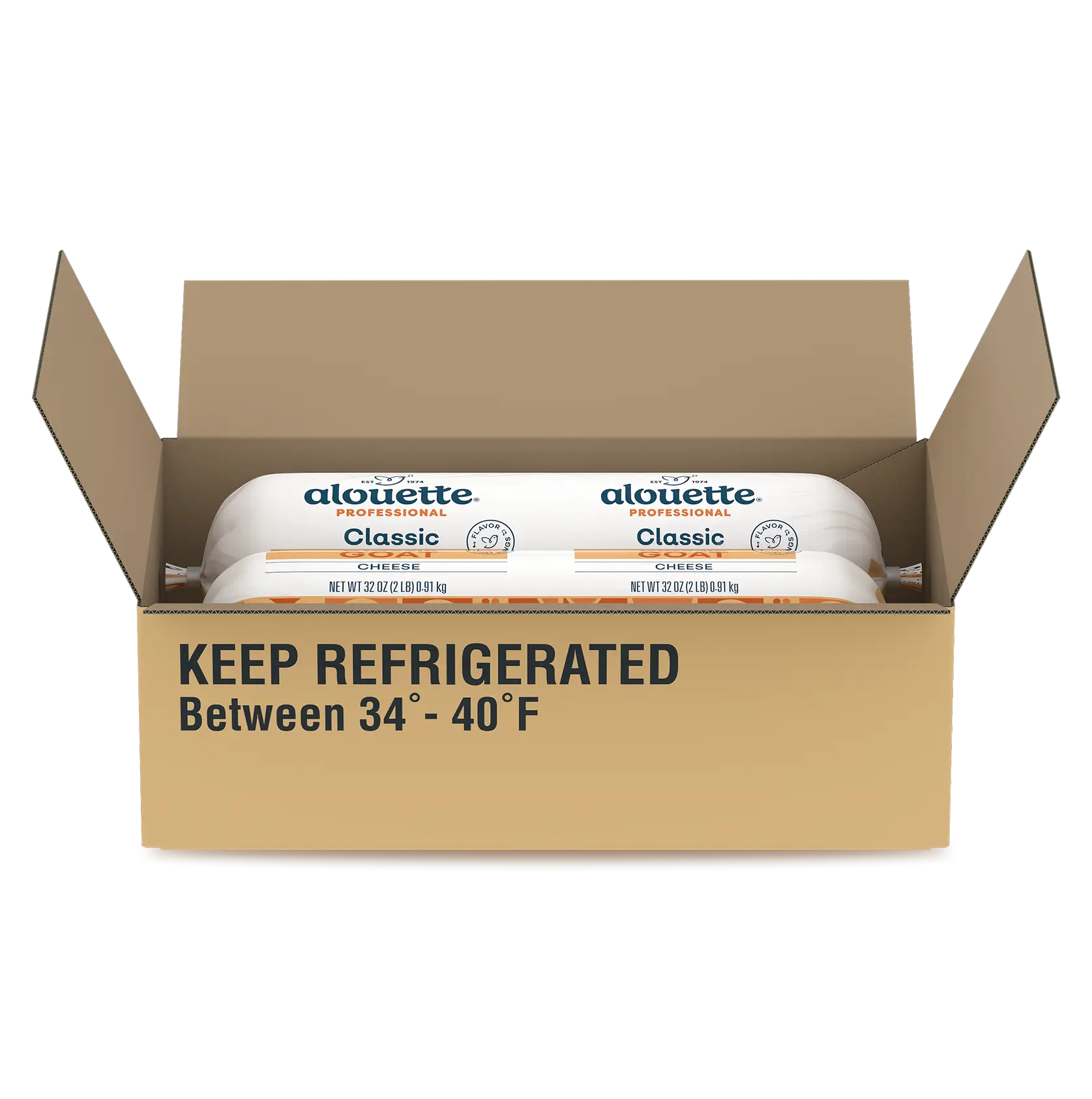 Open cardboard box containing two packages of Alouette Professional Classic Cheese, labeled "Keep Refrigerated Between 34°-40°F"
