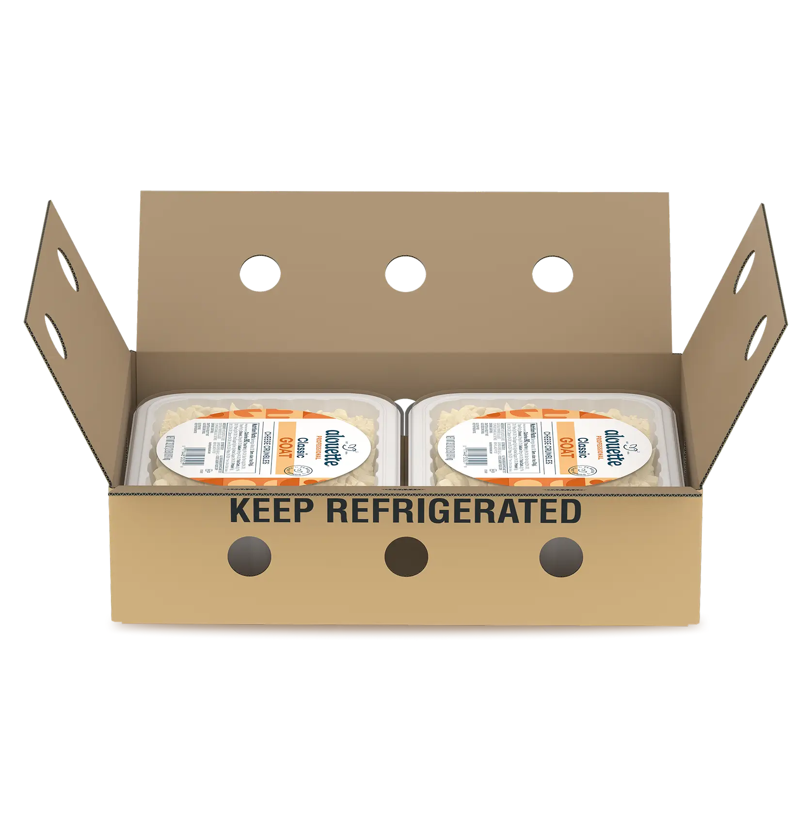 Open cardboard shipping box labeled "KEEP REFRIGERATED" containing two packaged food products with orange labels.