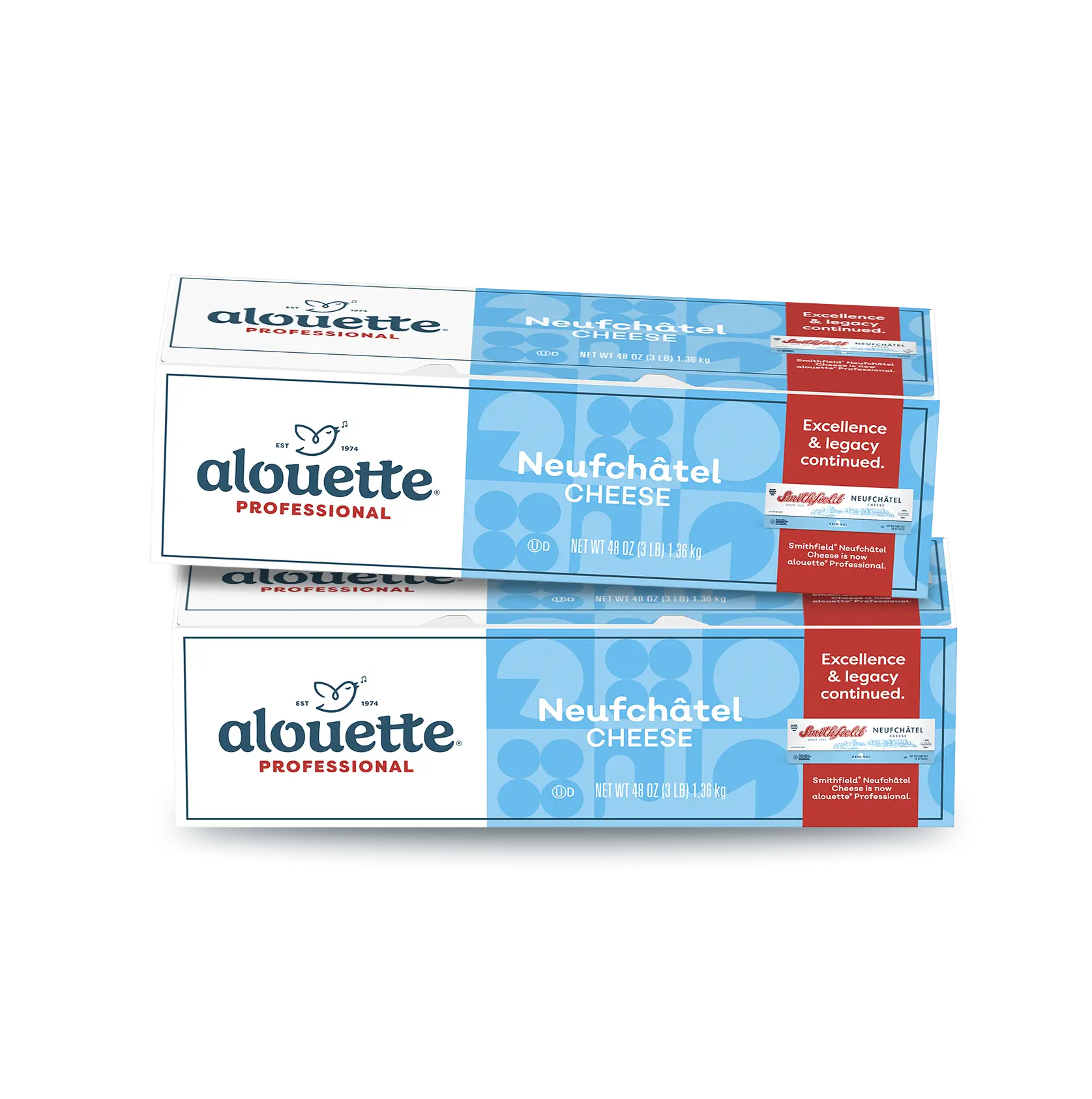 Stack of three alouette Professional Neufchâtel cheese boxes showing blue packaging with product details and branding.