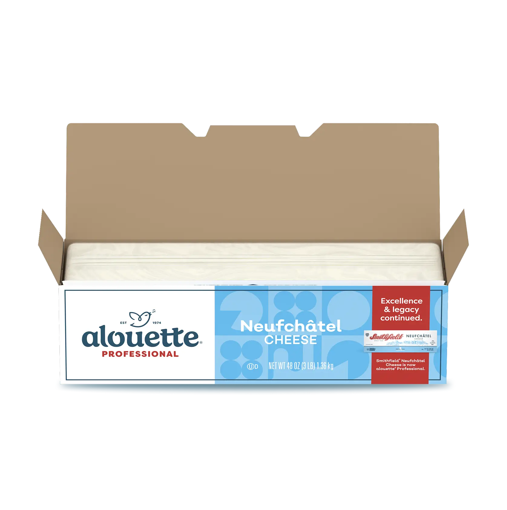 Open cardboard box containing alouette® Professional Neufchâtel Cheese, 48 oz package with blue and white labeling.