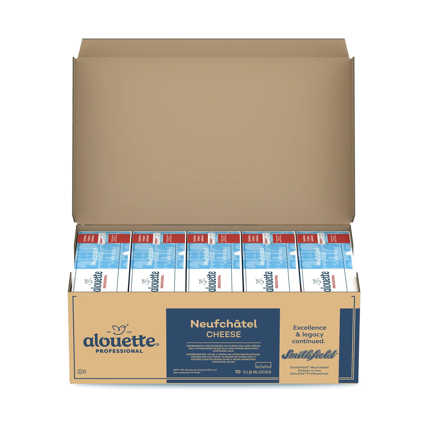 Open cardboard box displaying ten 3 lb blocks of Alouette Professional Neufchâtel cheese with blue and white packaging arranged in rows.