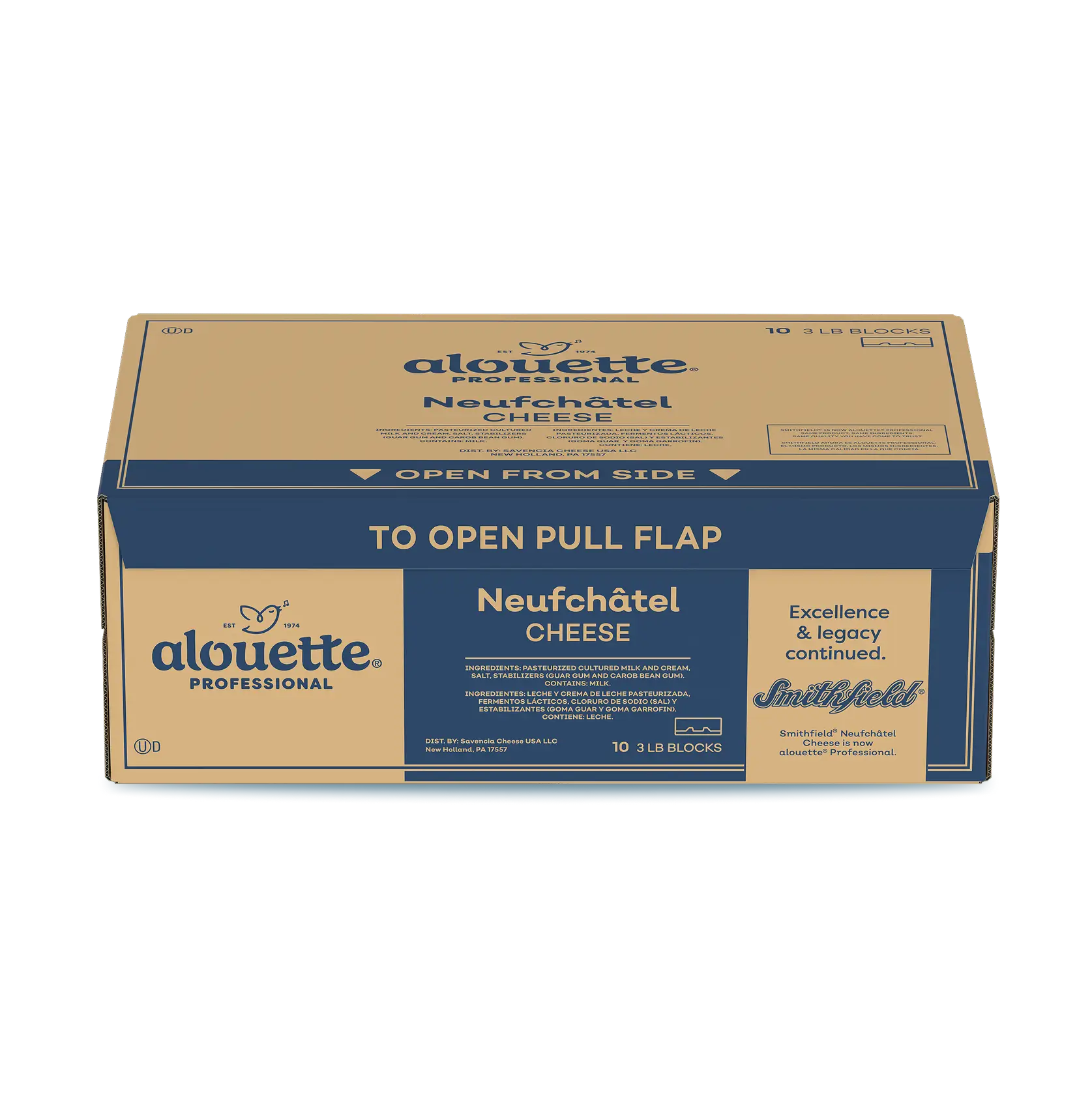 Alouette Professional Neufchâtel Cheese packaging box containing 10 3-pound blocks, with tan and navy blue design and pull-flap opening instructions.
