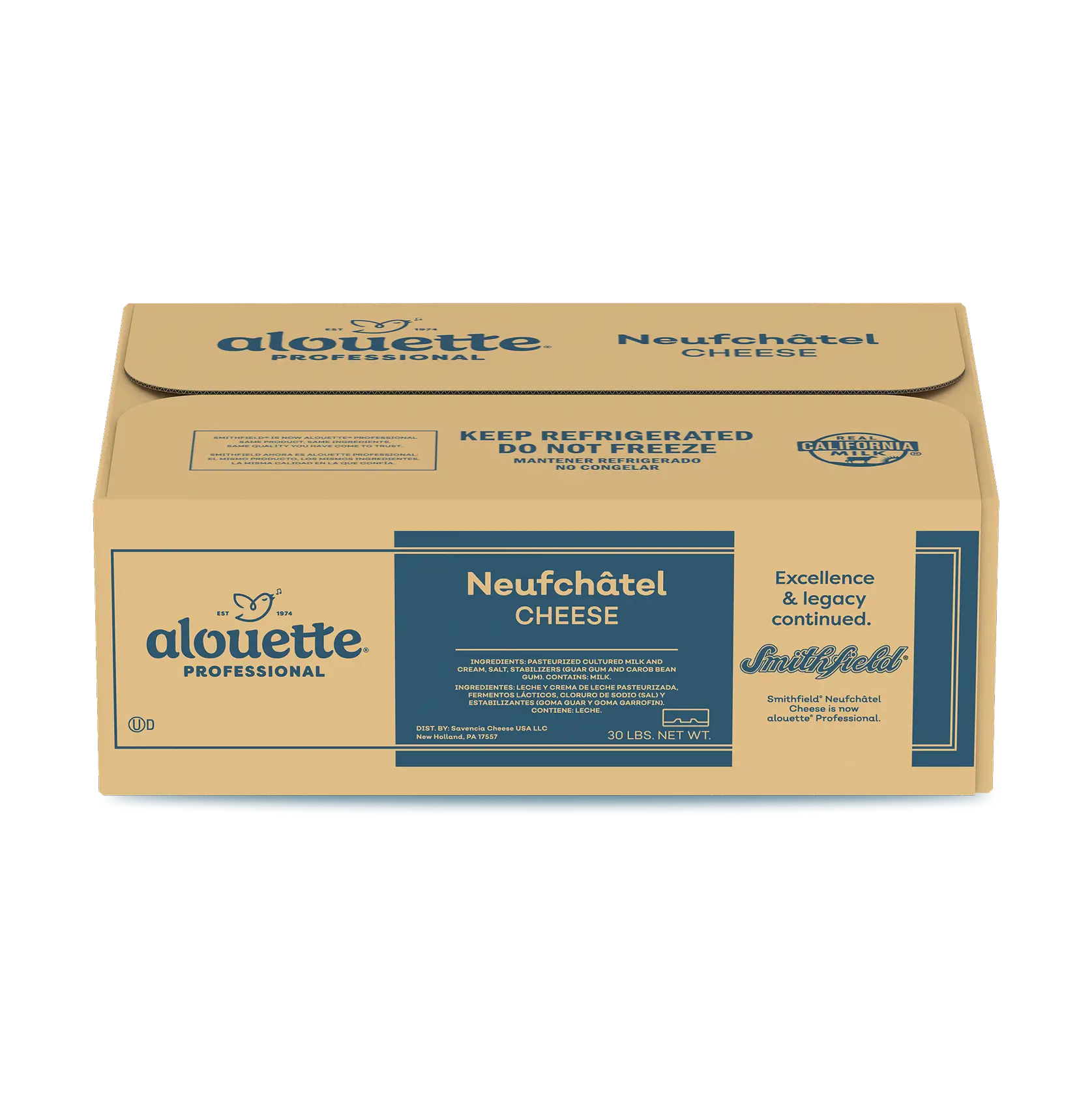 Alouette Professional Neufchâtel cheese box, 30 lbs net weight, tan packaging with blue accents and storage instructions.