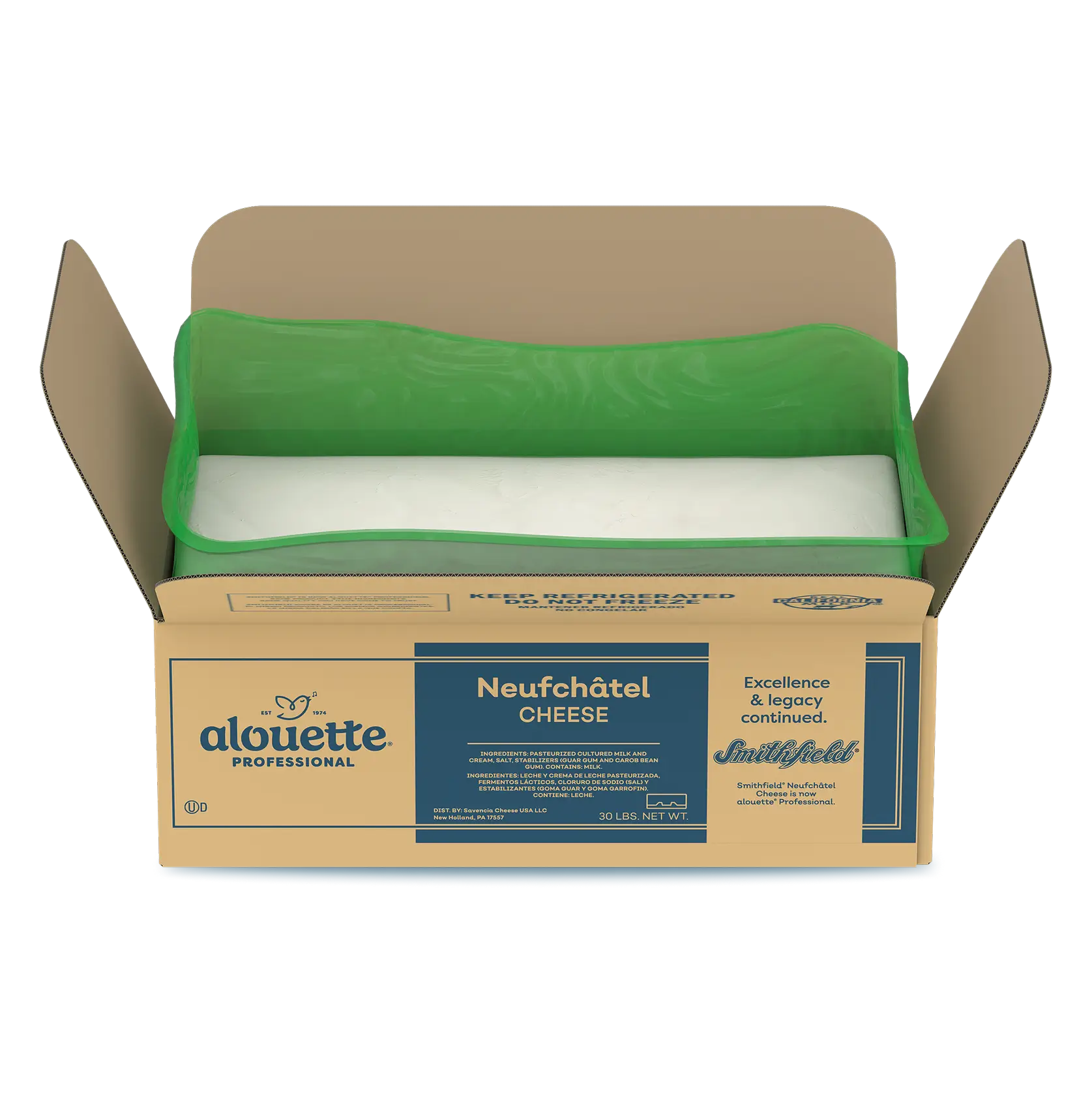 Open cardboard box of alouette Professional Neufchâtel cheese with green protective liner visible inside, 30 lbs net weight.