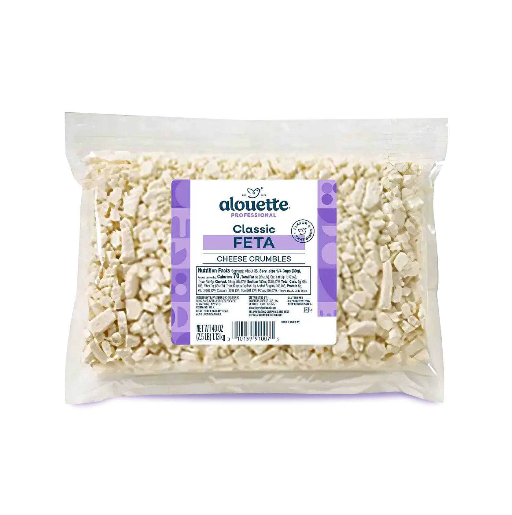 Clear plastic bag of Alouette Professional Classic Feta Cheese Crumbles with purple and white label, 40 oz package.