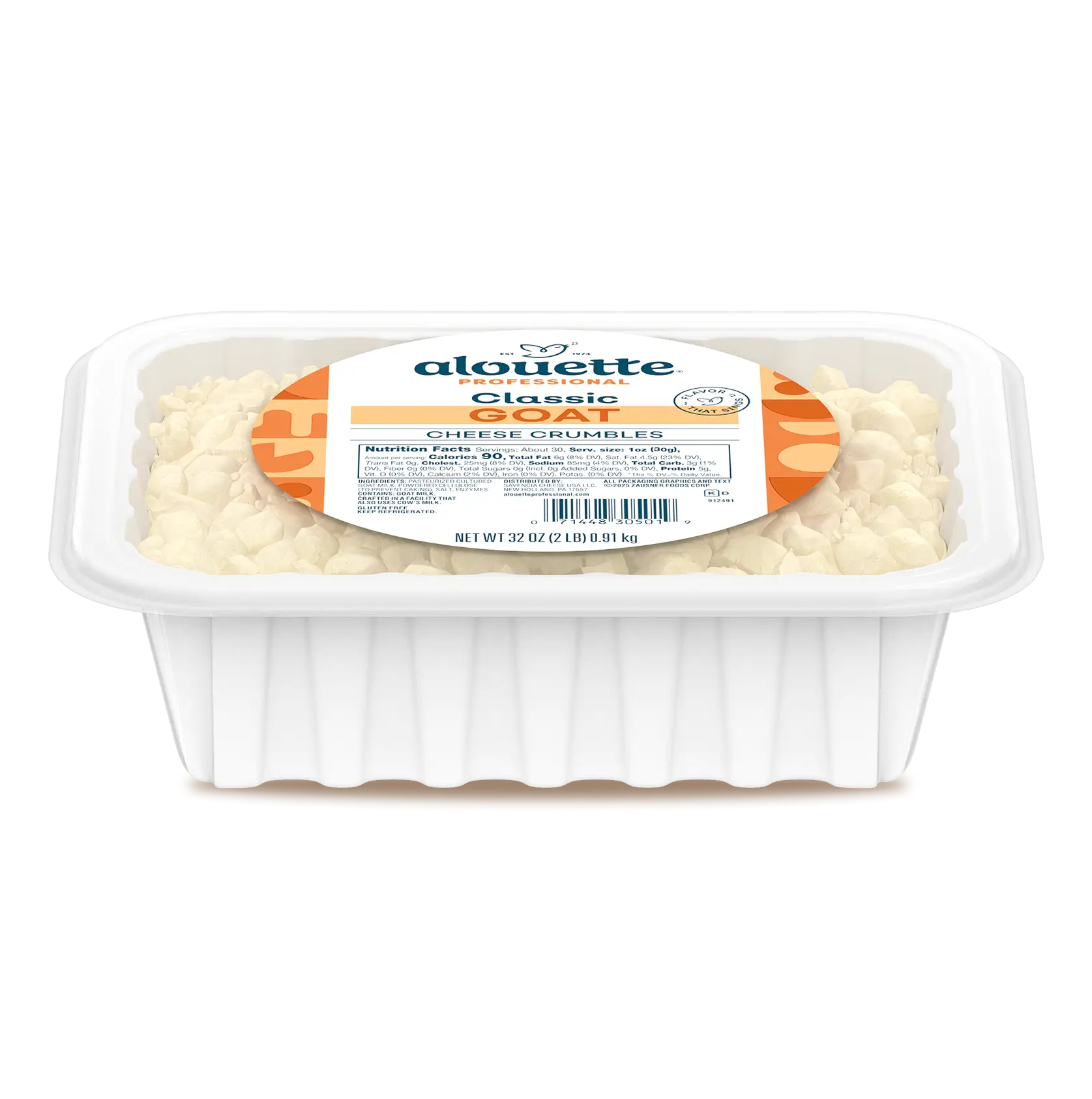 Alouette Classic Goat Cheese Crumbles in a 32 oz clear plastic container with orange and white label.