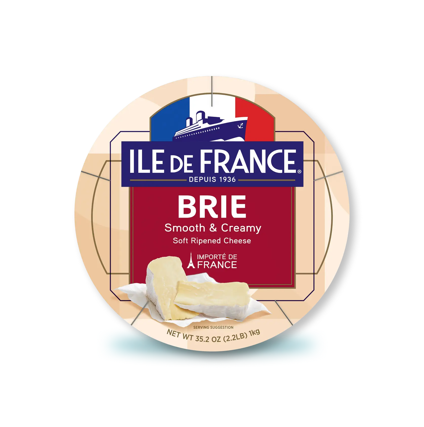 Île de France Brie cheese package label showing smooth, creamy soft-ripened cheese imported from France, net weight 8 oz.
