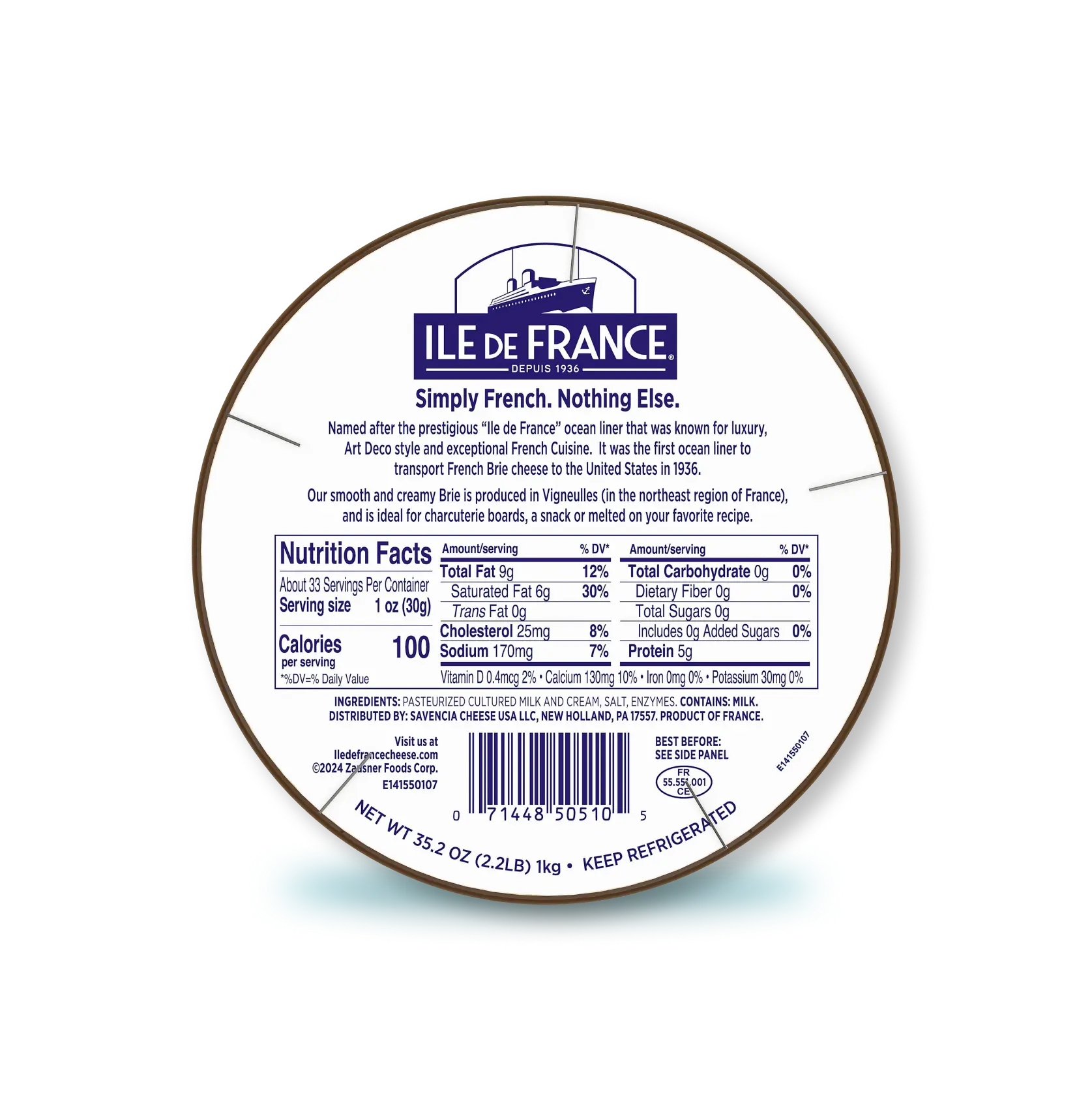 Île de France Brie cheese label showing nutrition facts, product description, and ingredients on circular wooden-rimmed packaging.