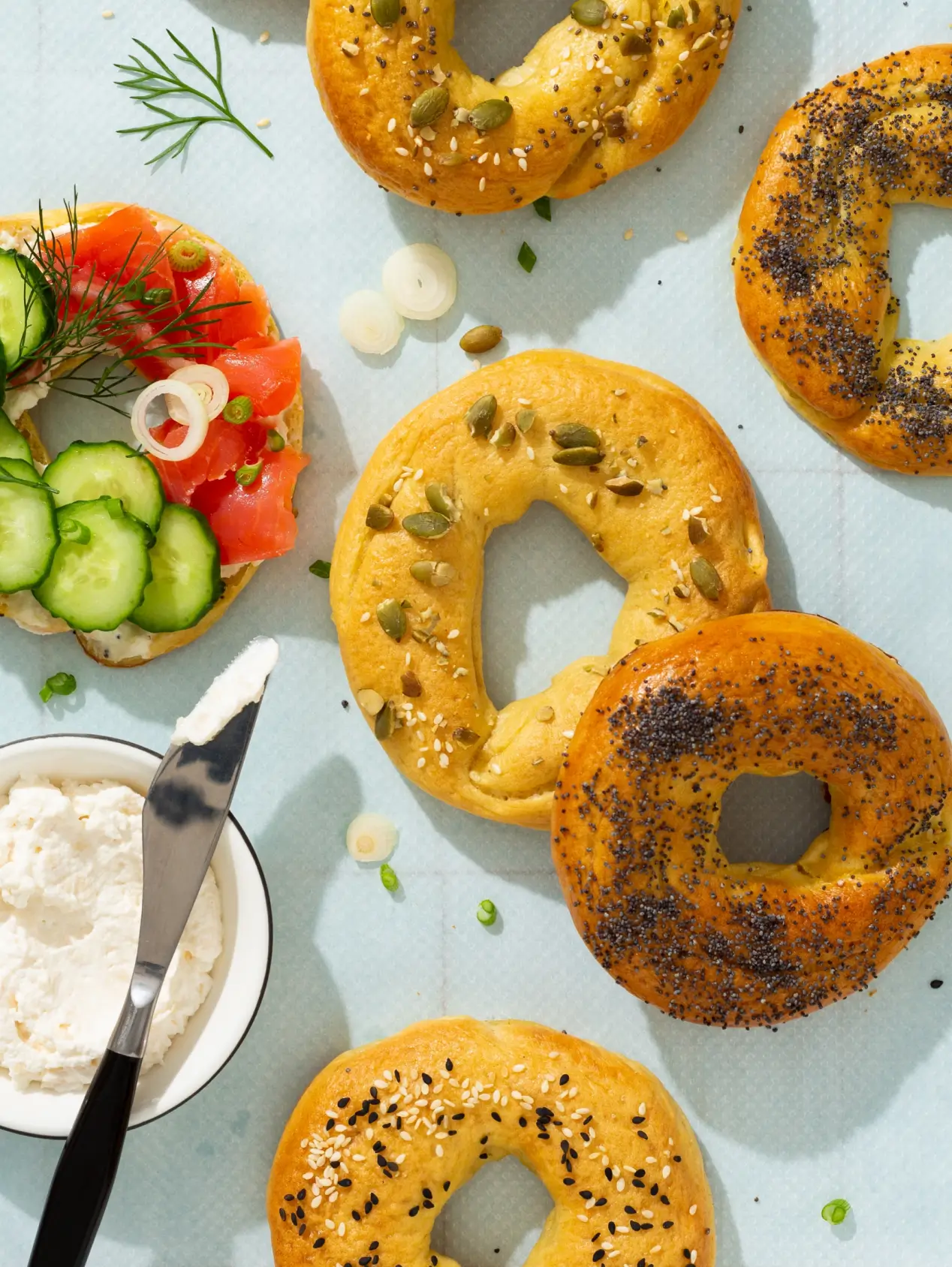 Assorted bagels with various toppings including sesame seeds and pumpkin seeds, arranged with cream cheese, smoked salmon, cucumber slices, and fresh dill on a light blue surface.